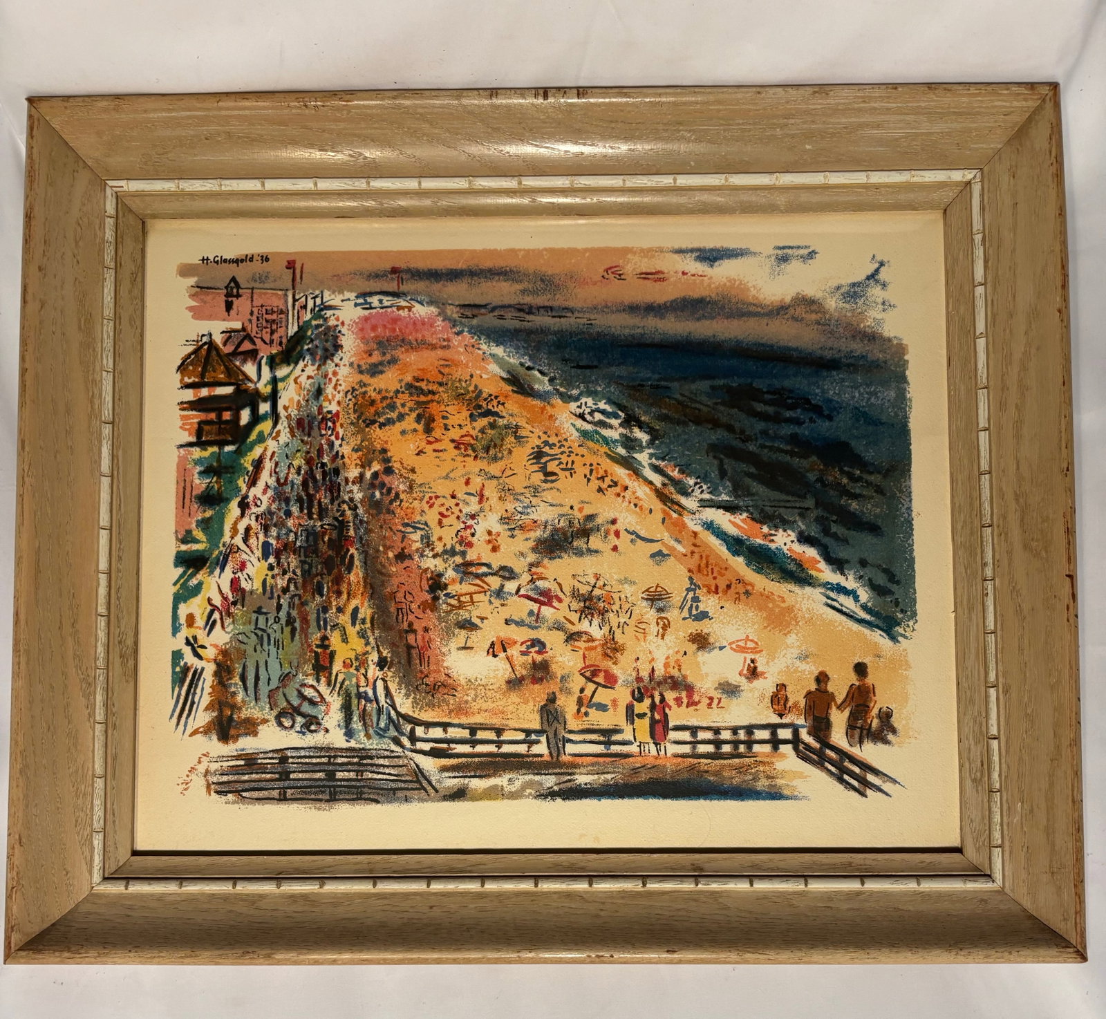 H. Glassgold (American), “Beach,?? Original Serigraph, Dated 1936: The Original serigraph titled “Beach” by H. Glassgold, dated 1936 in the image. Depicts a lively beach scene viewed from an elevated boardwalk with colorful umbrellas, bathers, and the shoreli