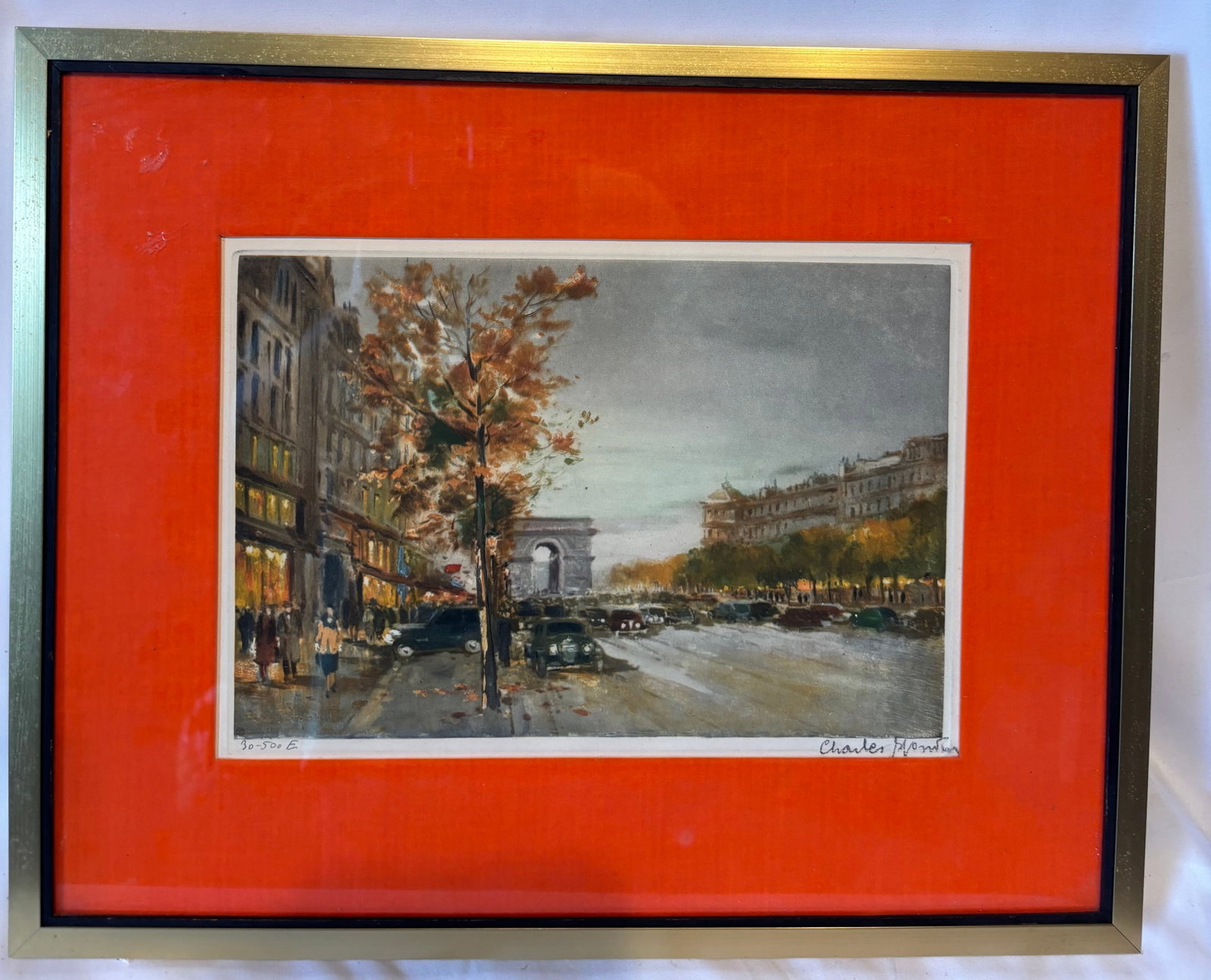 Charles Mondin (French, b. 1892) “Champs-Élysées et Arc de Triomphe?? Color Stone Lithograph, (1 of 7)