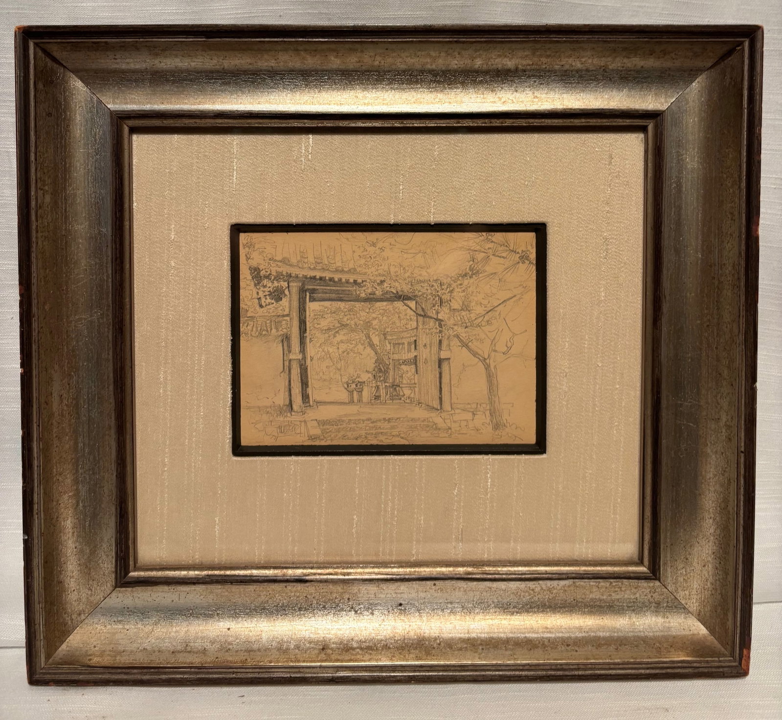 Vintage Architectural Pencil Drawing, Gateway Scene, Framed Landscape Sketch (1 of 8)