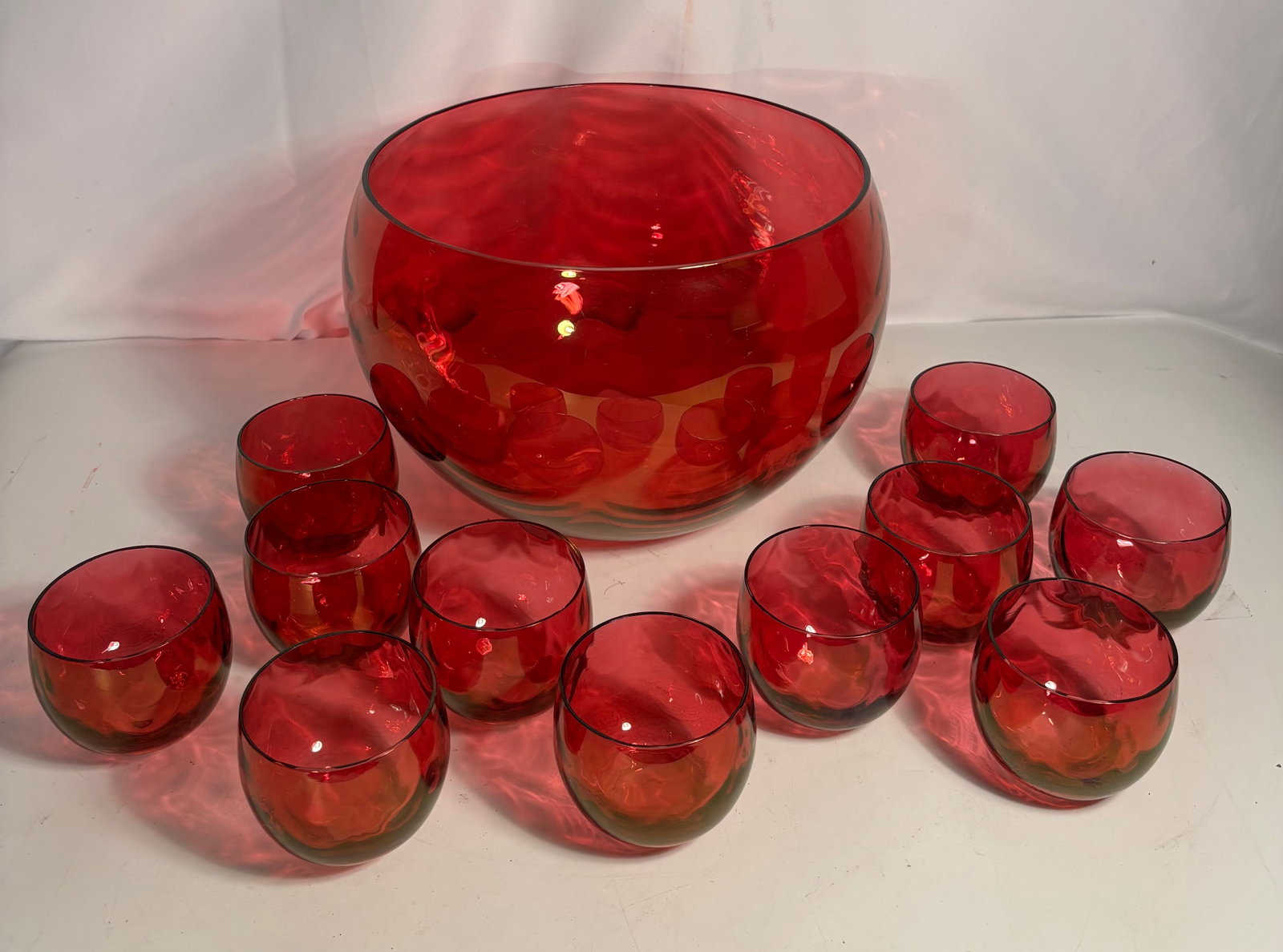 Vintage West Virginia Glass Ruby Lustre Optic Red Glass Punch Bowl Set with 11 Cups (1 of 13)