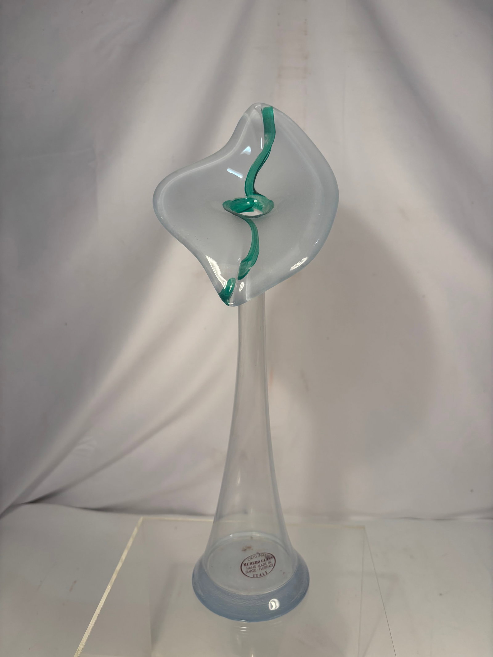 Vintage Italian Empoli Murano Glass Calla Lily Vase, Original Label: A vintage Italian hand-blown art glass vase in an elegant calla lily form, featuring a tall clear glass stem, a gracefully flared pale blue-green rim, and applied green glass spiral decoration. Retain