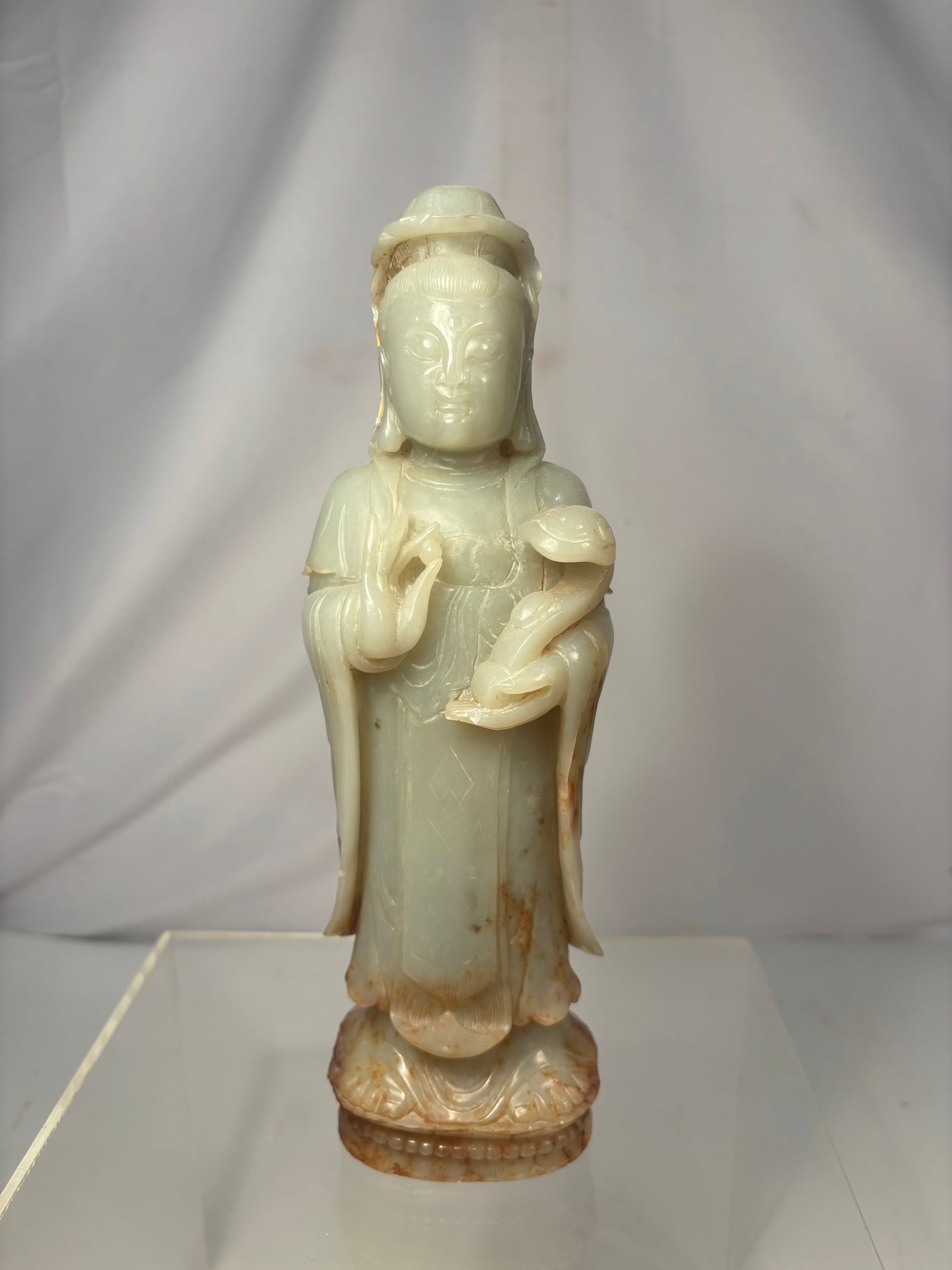 Large Chinese Carved Celadon Jade Guanyin Figure (1 of 9)