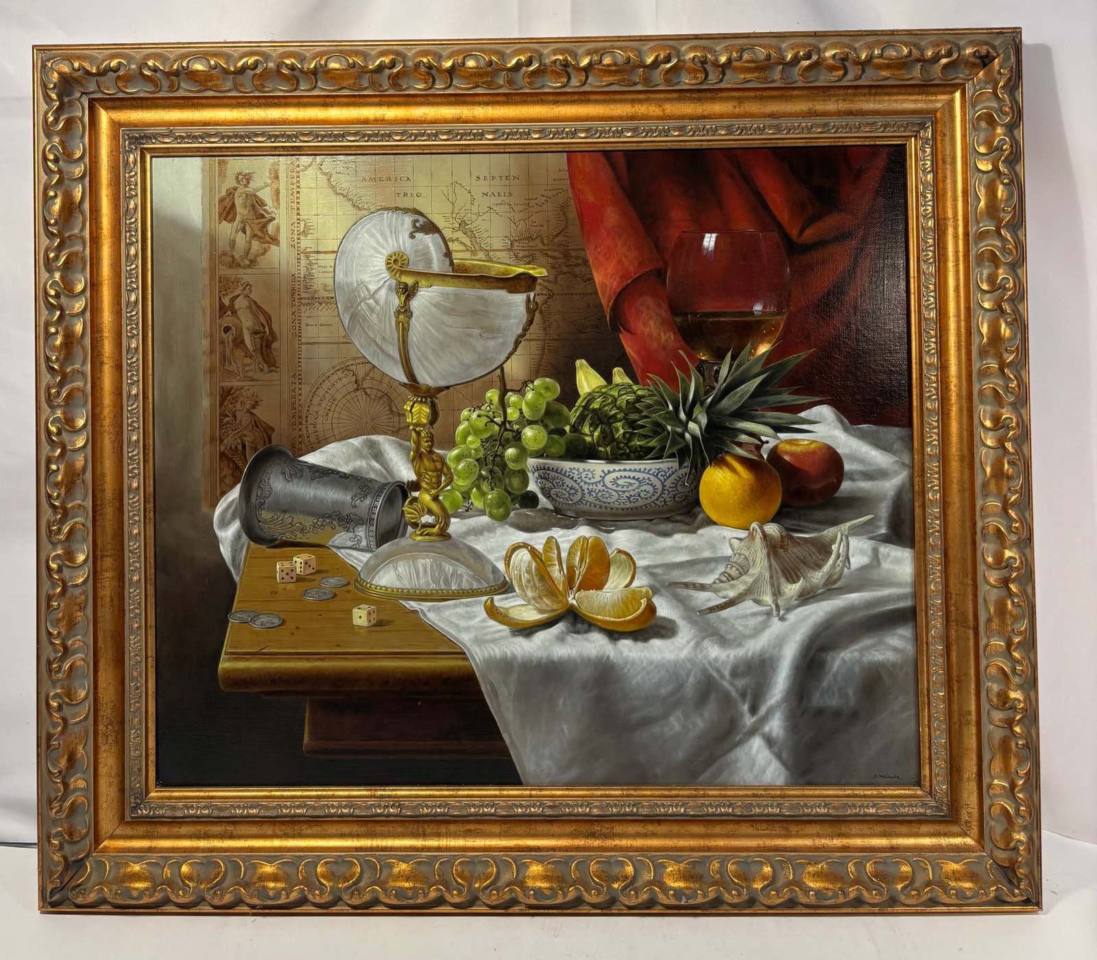 Jerzy Müller (Polish, b. 1954), Still Life with Nautilus Cup, Fruit and Antique Map, Oil on Canvas (1 of 12)