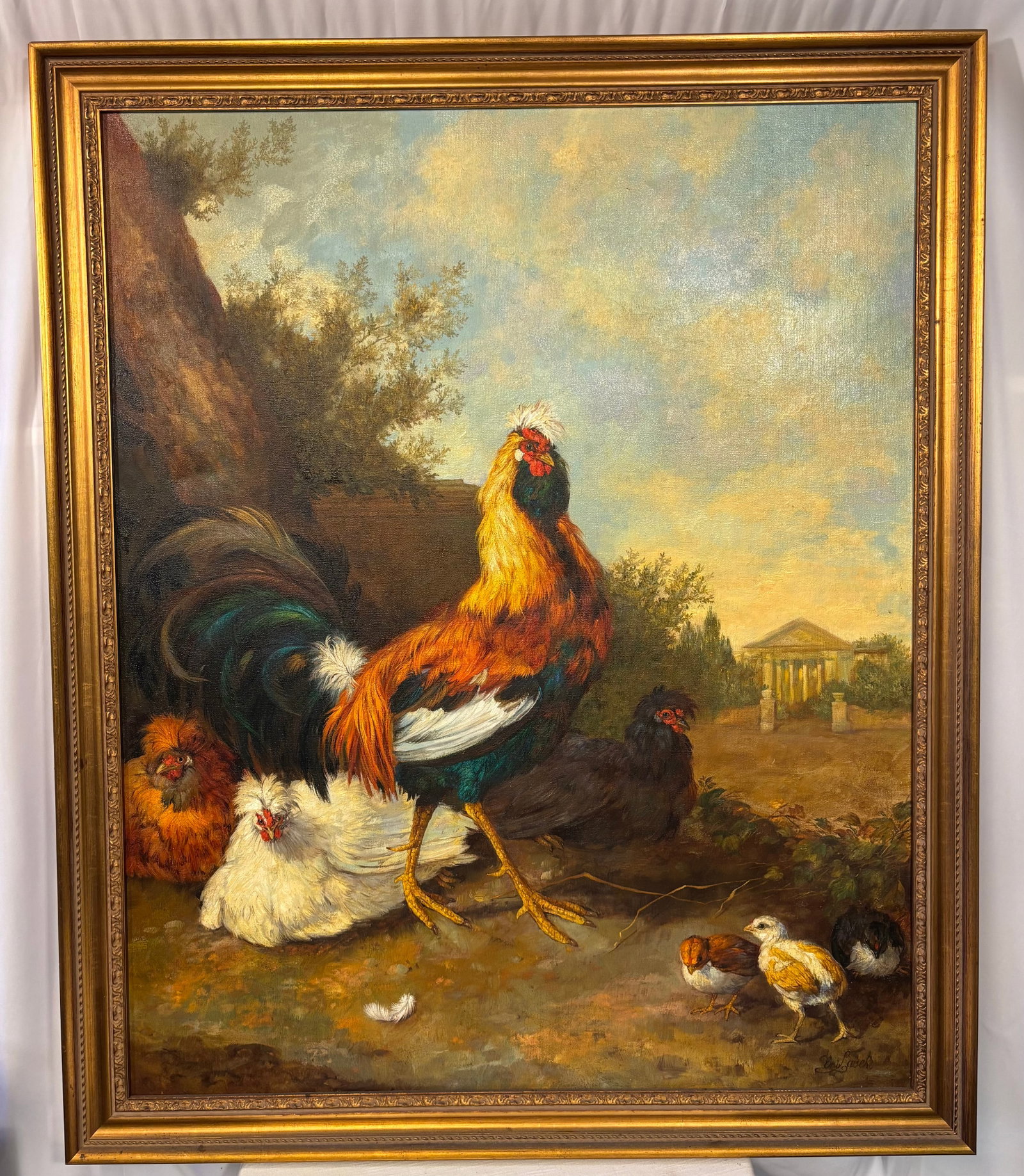 Eva von Lasek (Polish, b. 1953), Large Rooster, Hens and Chicks, Oil on Canvas: A large and finely detailed animal painting by Polish artist Eva von Lasek, depicting a colorful rooster surrounded by hens and chicks within an idyllic classical landscape. A temple-like structure ap