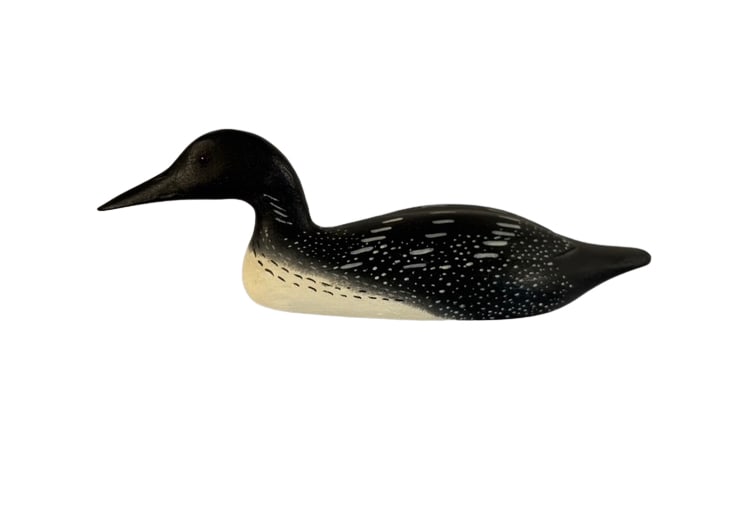 Dave Stavely Hand-Carved Miniature Common Loon Decoy, 1991: A Chesapeake Bay folk-art miniature common loon decoy hand-carved and painted by Dave Stavely of Easton, Maryland. Featuring a black head, red bead eyes, white breast, and finely painted spotted and l