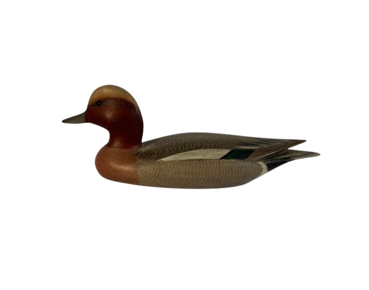 William S. Johnson Hand-Carved Miniature American Wigeon Drake, 1993: A finely hand-carved and painted miniature American wigeon drake by William S. Johnson of Virginia Beach, Virginia. Depicted with the species’ distinctive cream-colored crown, reddish-brown head and