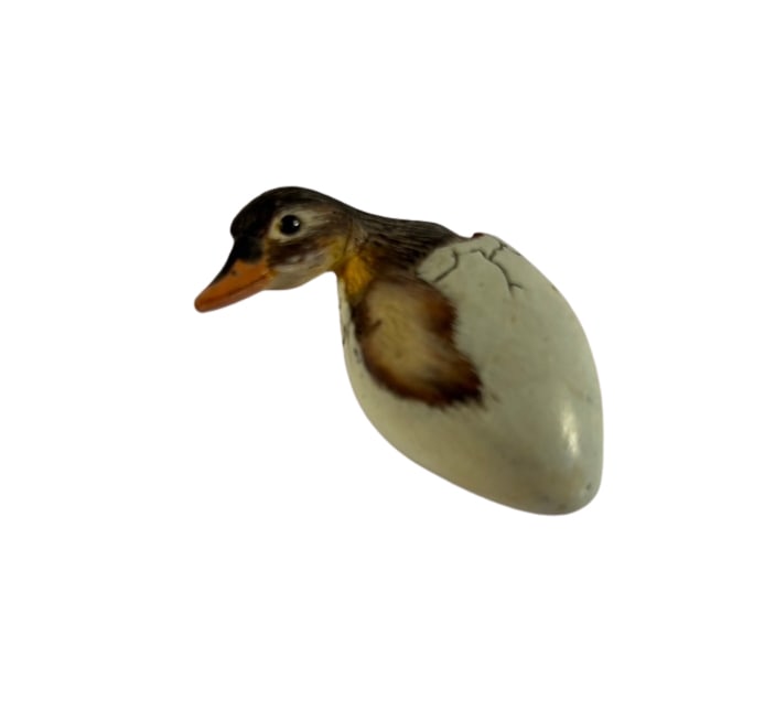 HFM Signed Duckling Hatching from Egg Miniature: A charming painted folk-art miniature depicting a duckling emerging from a pale blue egg. The duckling features finely feather details, an orange-and-black bill, inset eyes, and partially exposed wing