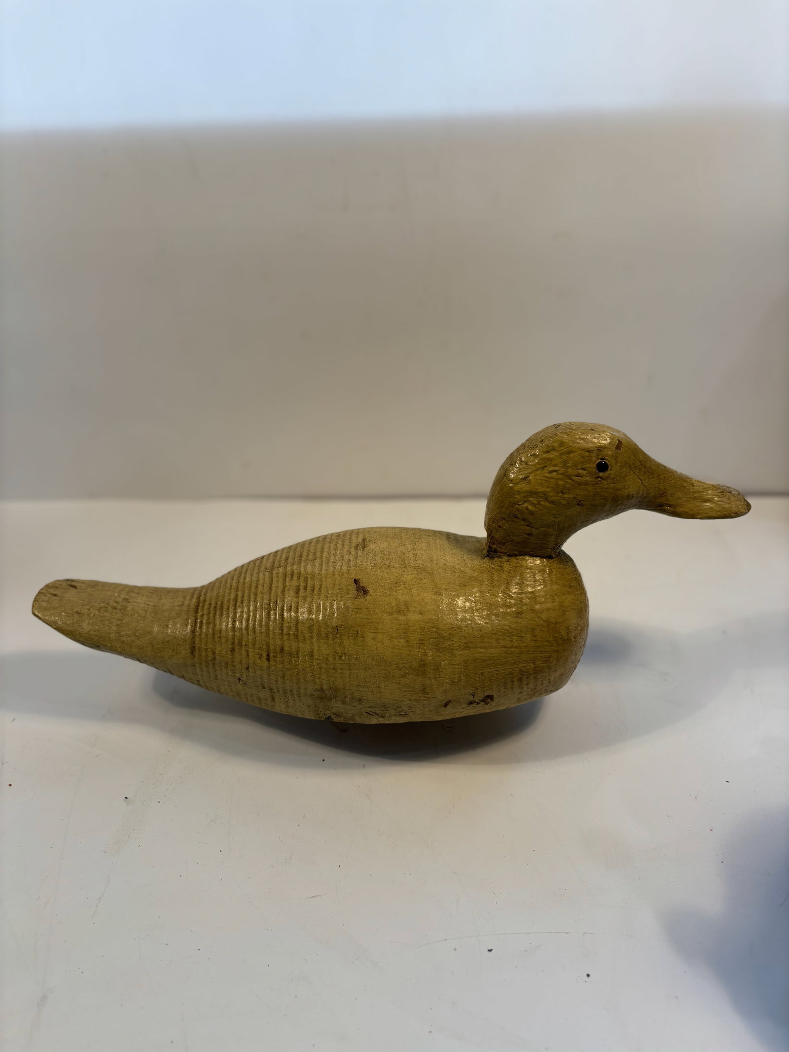 Vintage Hand-Carved Wooden female Mallard Canvasback Decoy: Yellow Paint, Rustic Style. Dimensions?6.5 inches high x 5 inches wide x 15 inches length