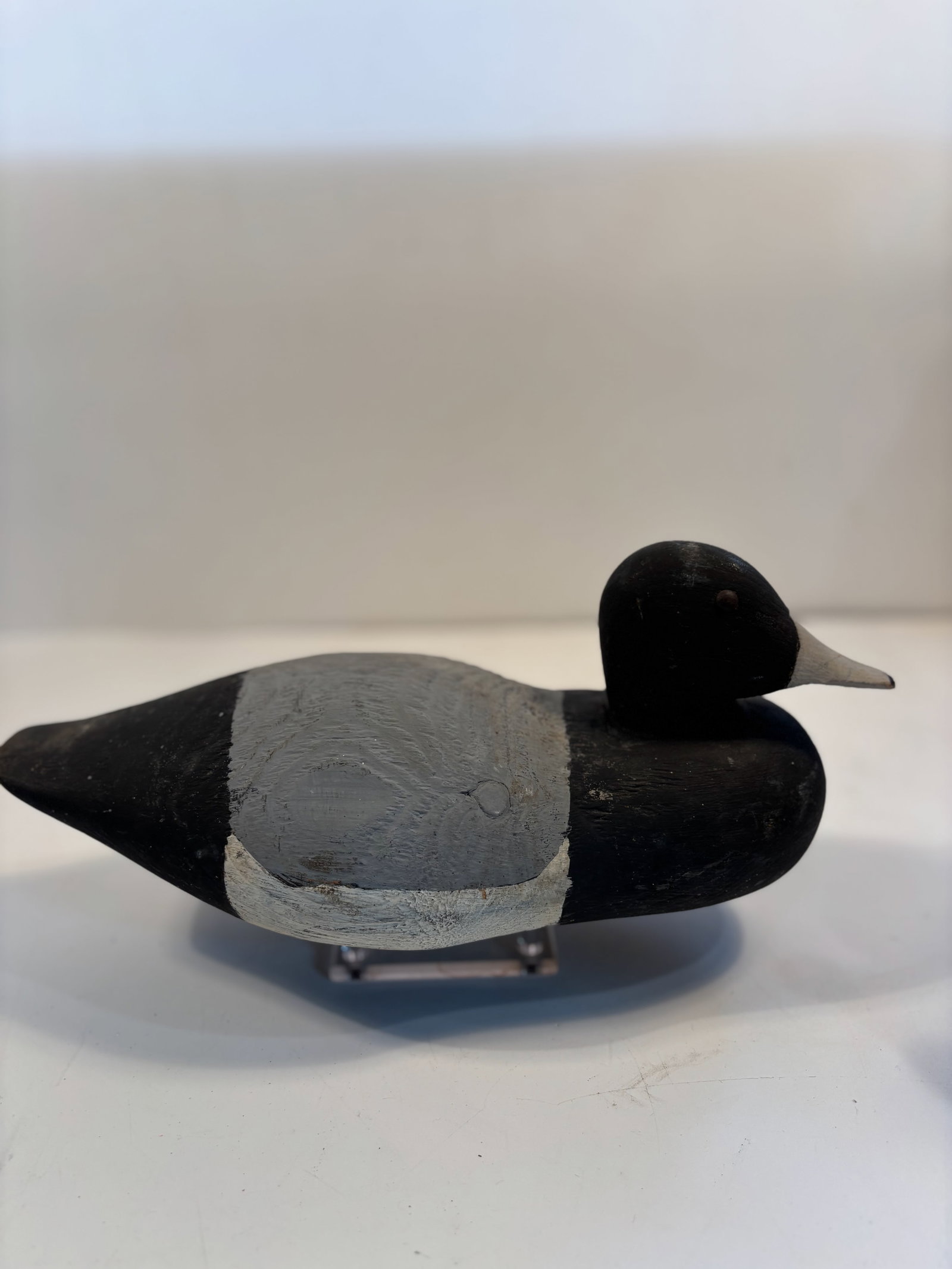 Vintage Hand-Carved Wooden Scaup Decoy: Black ,Gray & White Paint, Dimensions? 5 inches high x 4.5 inches wide x 12 inches length