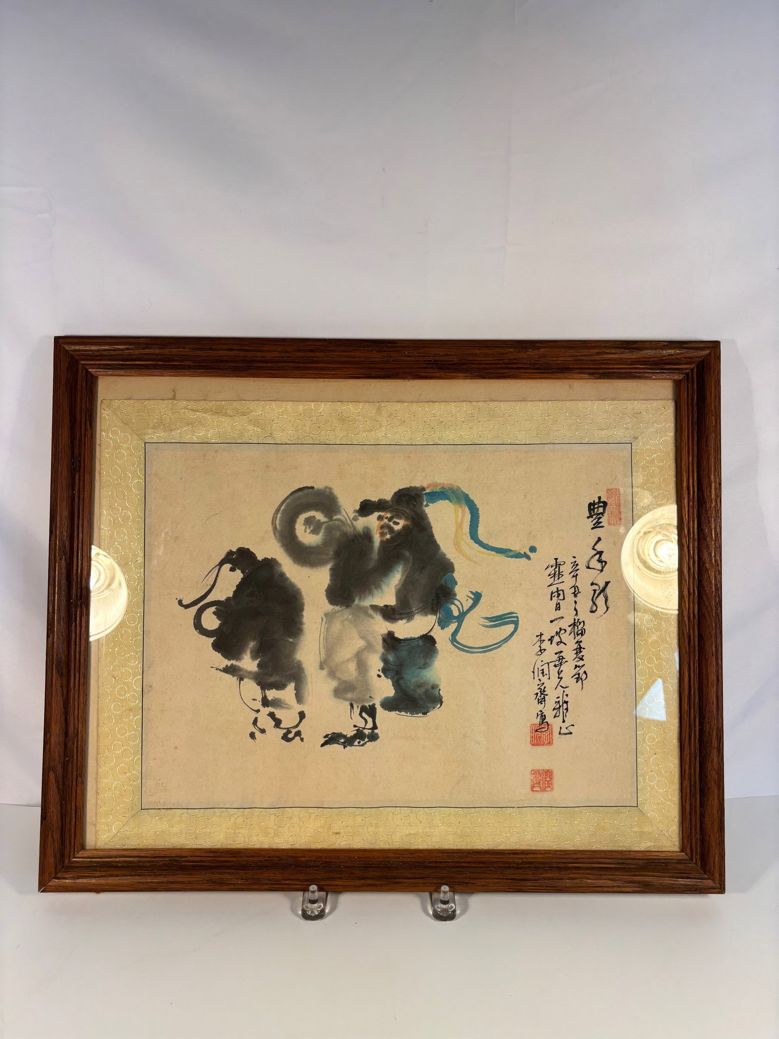 Li Runqi (Chinese, 1910–2002) — Monkeys with Ribbon, Ink and Color on Paper: Depicting two animated monkeys, one holding a flowing blue ribbon, executed in expressive freehand brushwork with soft color accents. Inscribed at right with the artist’s signature Li Runqi and two 