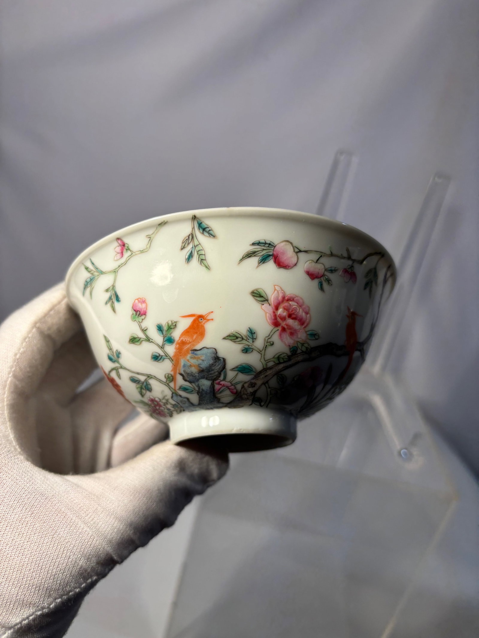 Chinese Famille Rose Porcelain Bowl with Bird and Floral Decoration, Guangxu Mark,: Finely potted Chinese famille rose porcelain bowl decorated with a continuous scene of flowering branches, peonies, and fruiting sprays, accented by a perched bird among rockwork. The exterior feature