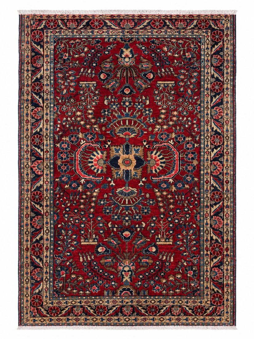 Antique Persian Sarouk Hand-Knotted Wool Rug, Red Floral Field, Circa 1920s–1930s: An antique Persian Sarouk rug, circa 1920s–1930s, hand-knotted in wool. Featuring a richly saturated red field densely decorated with stylized floral sprays, palmettes, vines, and botanical motifs i