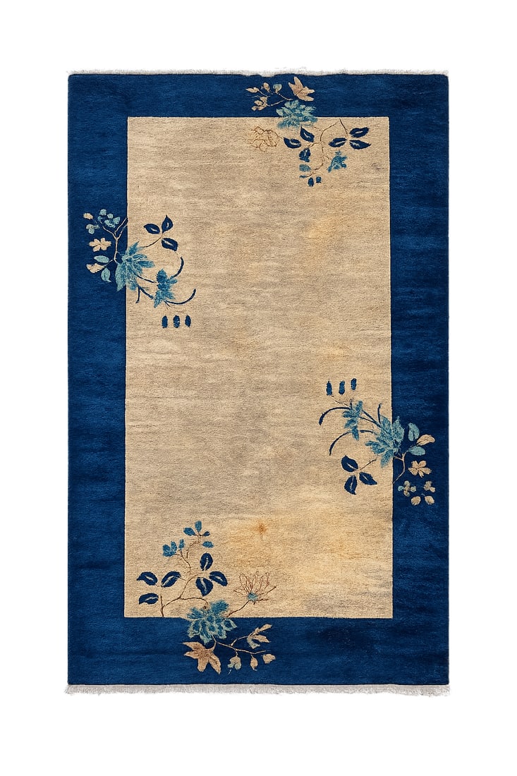 Antique Chinese Art Deco Peking Hand-Knotted Wool Rug, Blue & Ivory Floral Design, Circa: An antique Chinese Art Deco Peking rug, circa 1920s–1930s, hand-knotted in wool. Featuring a large open ivory field surrounded by a rich cobalt-blue border, accented with stylized floral sprays in s