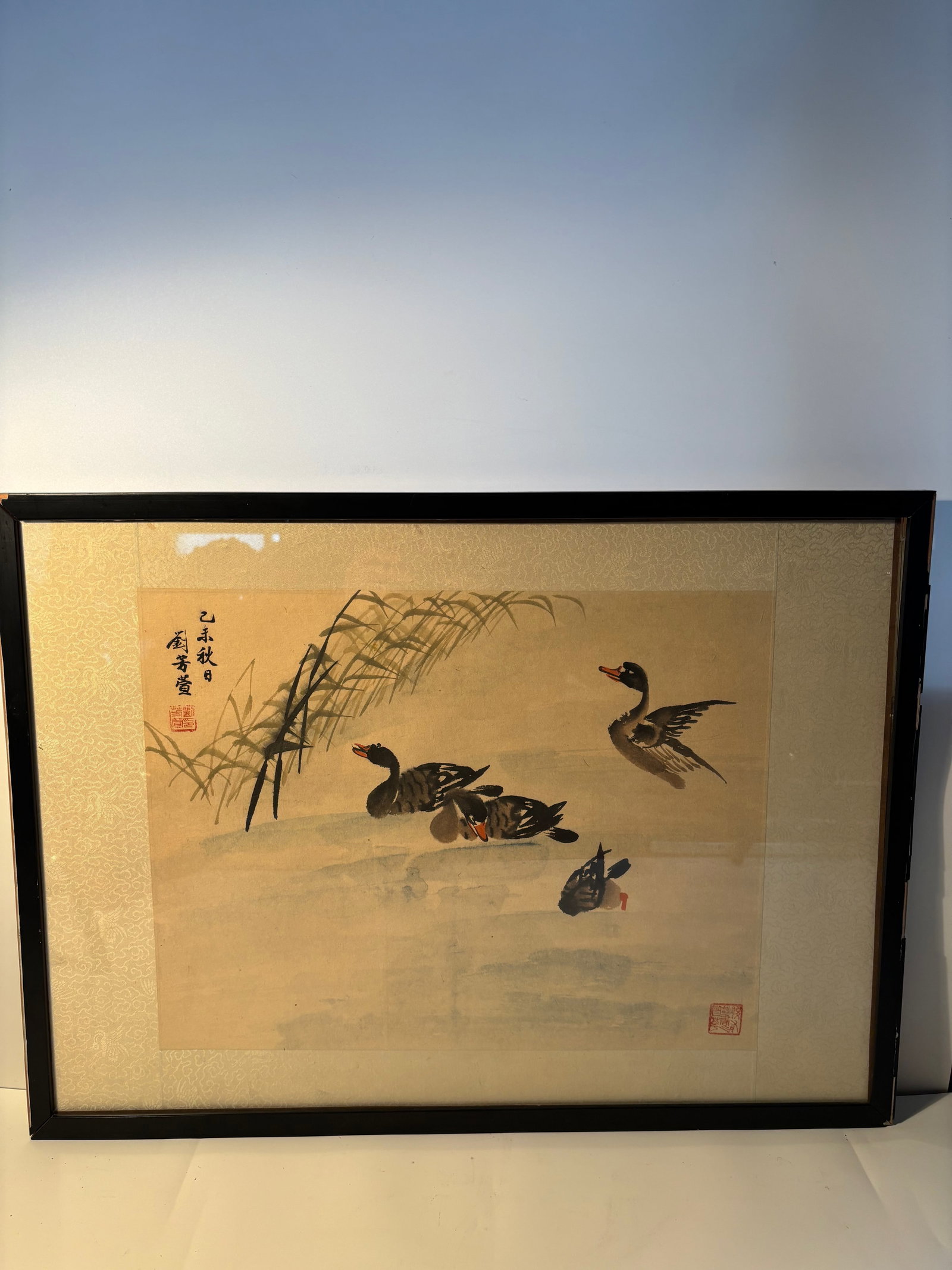 A Chinese water color "Reed Geese"painting by Liu Fangxuan (circa 1908–1990): Liu Fangxuan (circa 1908–1990) was a renowned Chinese painter known for his expertise in painting themes centered on reed geese. He served as a council member of the Beijing Chinese Painting Researc