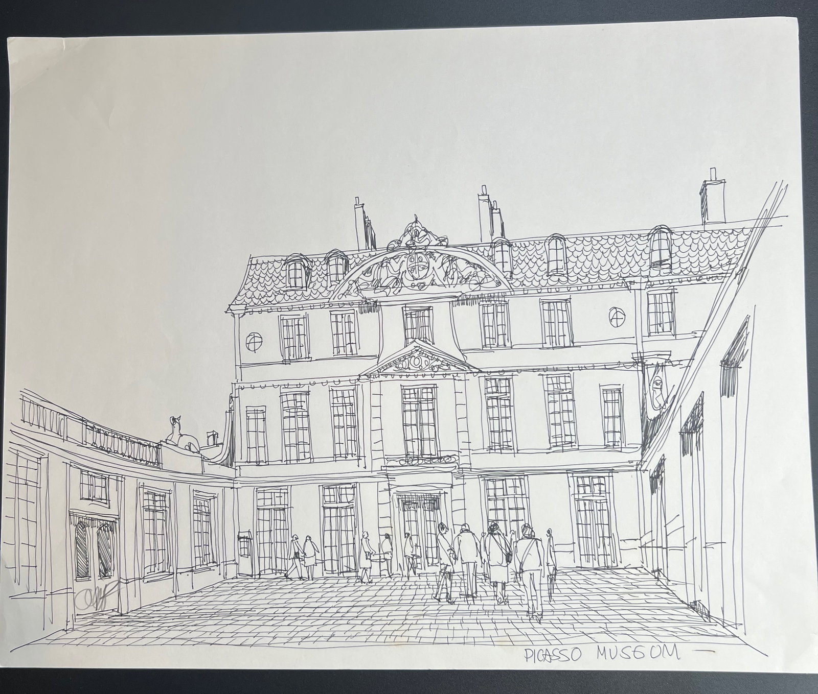 Pen-and-ink architectural Sketch " PICASSO Museum in Paris." signed by William Orlandorf: William Orlandorf (American, 1924-1996), was a lifelong Chicago resident and world recognized artist sketched and painted Chicago and the cities of Europe for over 30 years. Bill's style is neo-impres