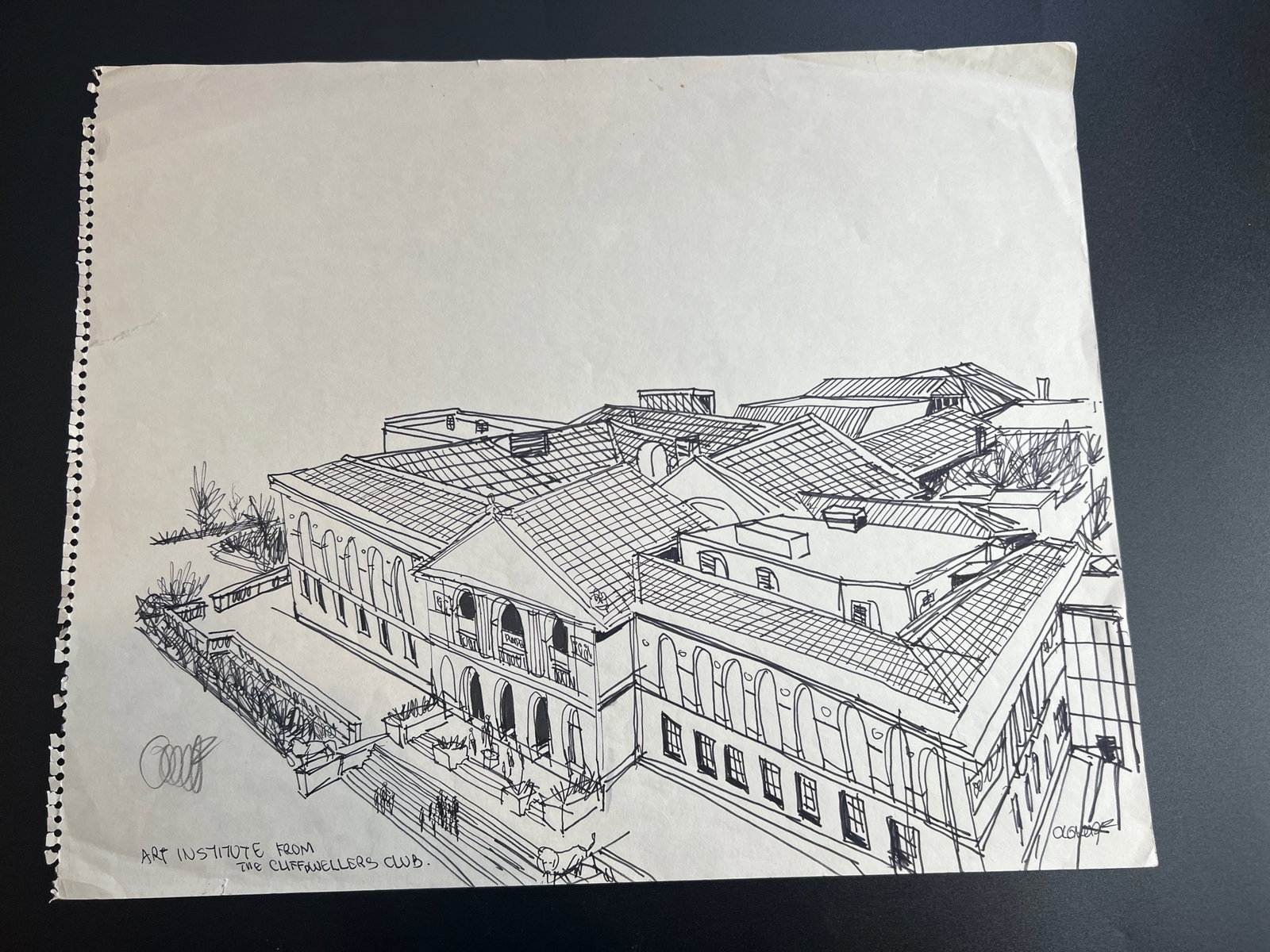 Pen-and-ink architectural Sketch “Art Institute from the Cliffdwellers Club " signed by William: William Orlandorf (American, 1924-1996), was a lifelong Chicago resident and world recognized artist sketched and painted Chicago and the cities of Europe for over 30 years. Bill's style is neo-impres