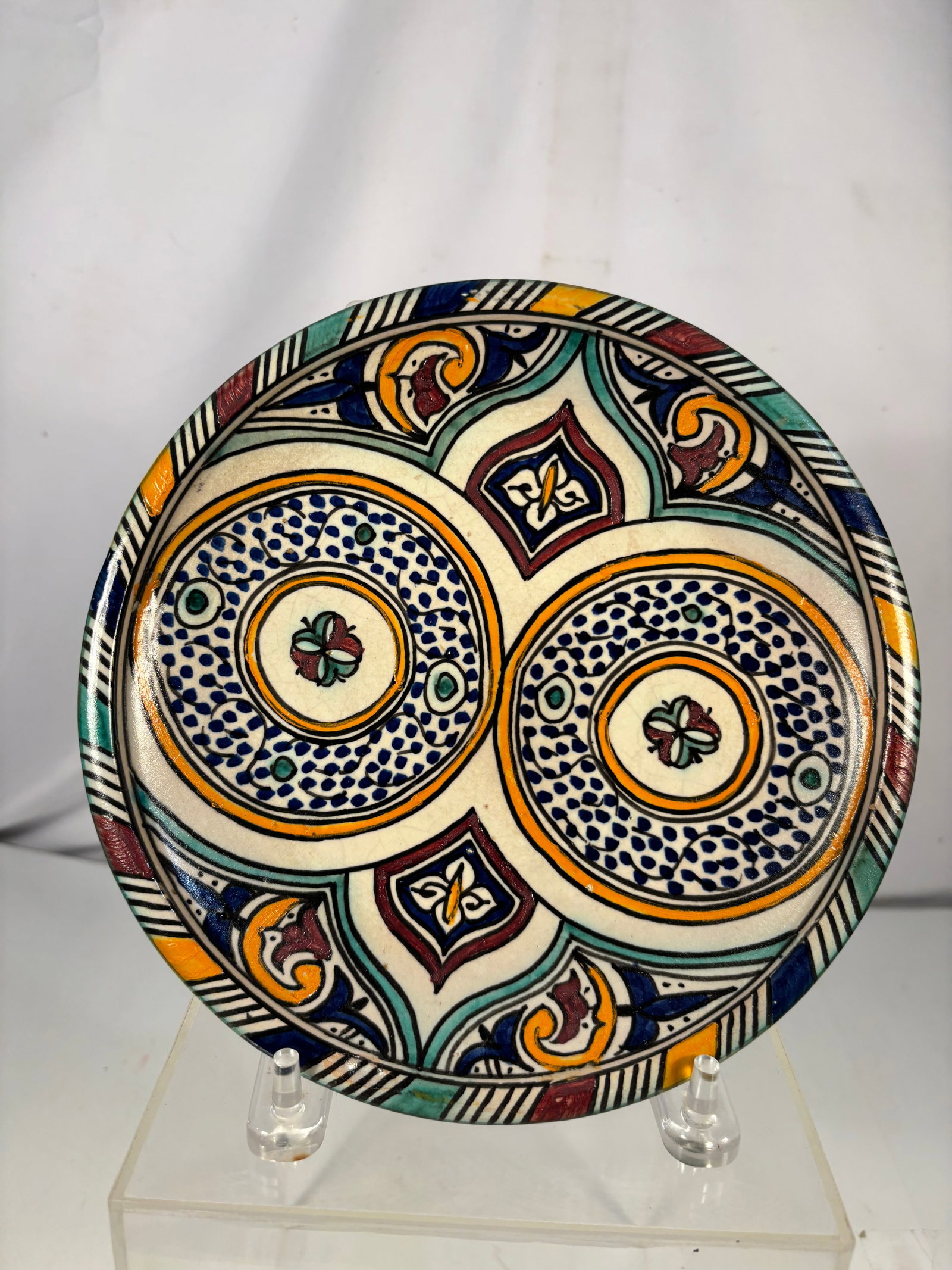 Antique Moroccan Fez Hand-Painted Ceramic Mokhfia Serving Bowl, Signed (1 of 8)