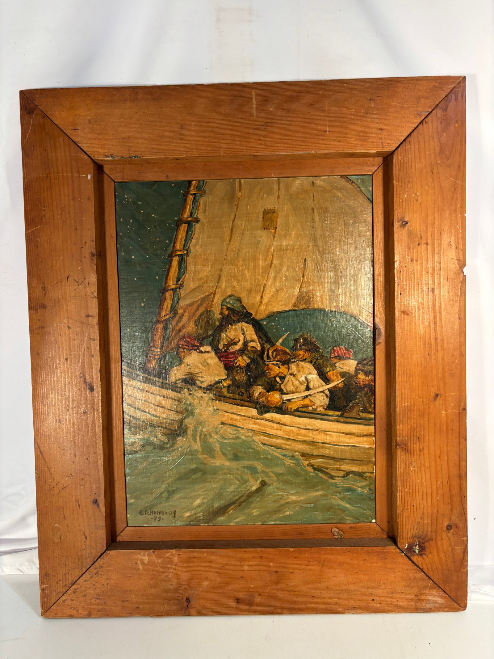 Signed E. D. Kennedy Marine Oil Painting of Sailboat with Figures dated ’78 (1978). (1 of 10)