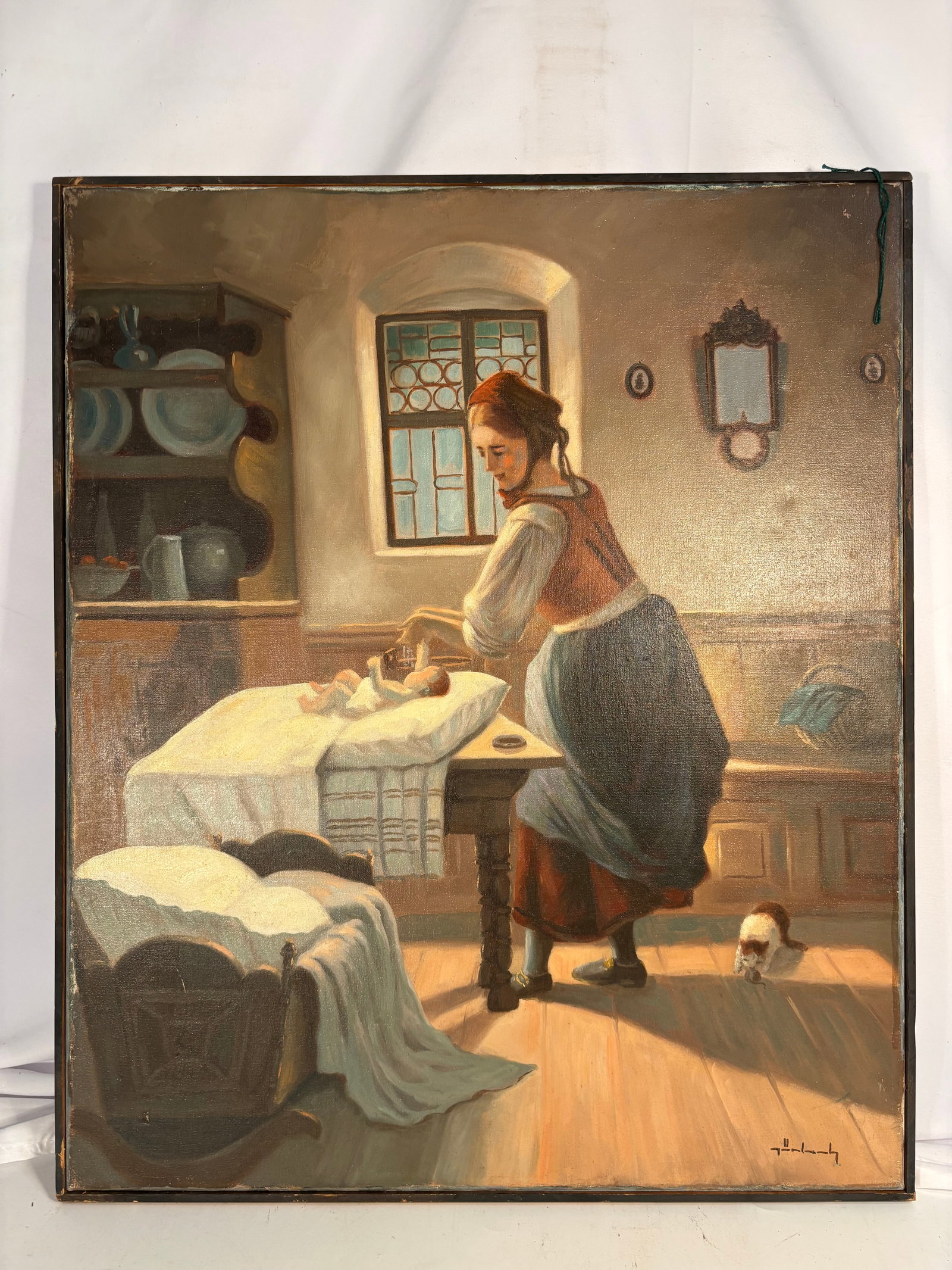 European School, Dutch Interior with Mother, Infant and Cat Oil on Canvas: An original oil on canvas depicting a tender domestic scene in the manner of the Dutch Old Masters. The composition portrays a young mother gently tending to her infant beside a sunlit cradle within a