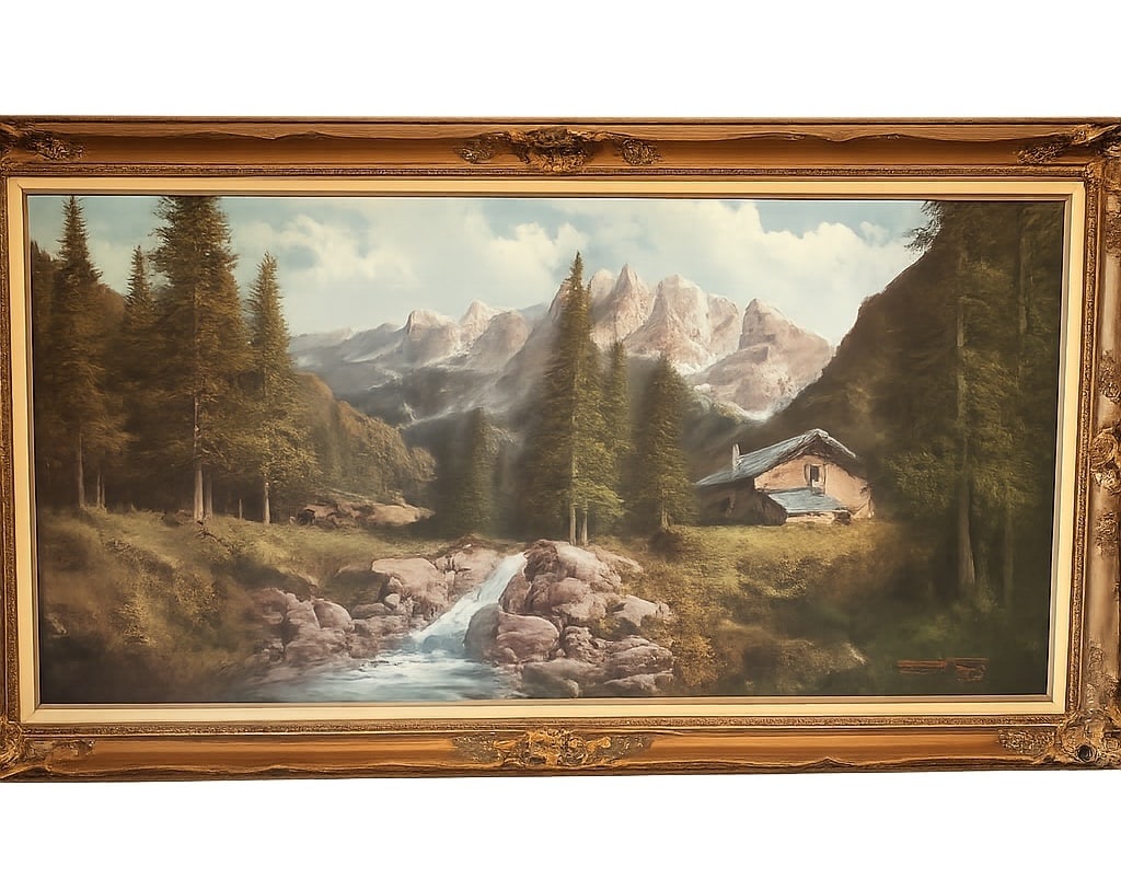 De Rosa (Italian, b. 1932) Alpine Landscape Oil on Canvas: De Rosa (Italian, b. 1932), large oil on canvas depicting an Alpine mountain landscape with chalet, stream, evergreen trees, and snow-capped peaks. Signed lower right. Accompanied by artist biography 