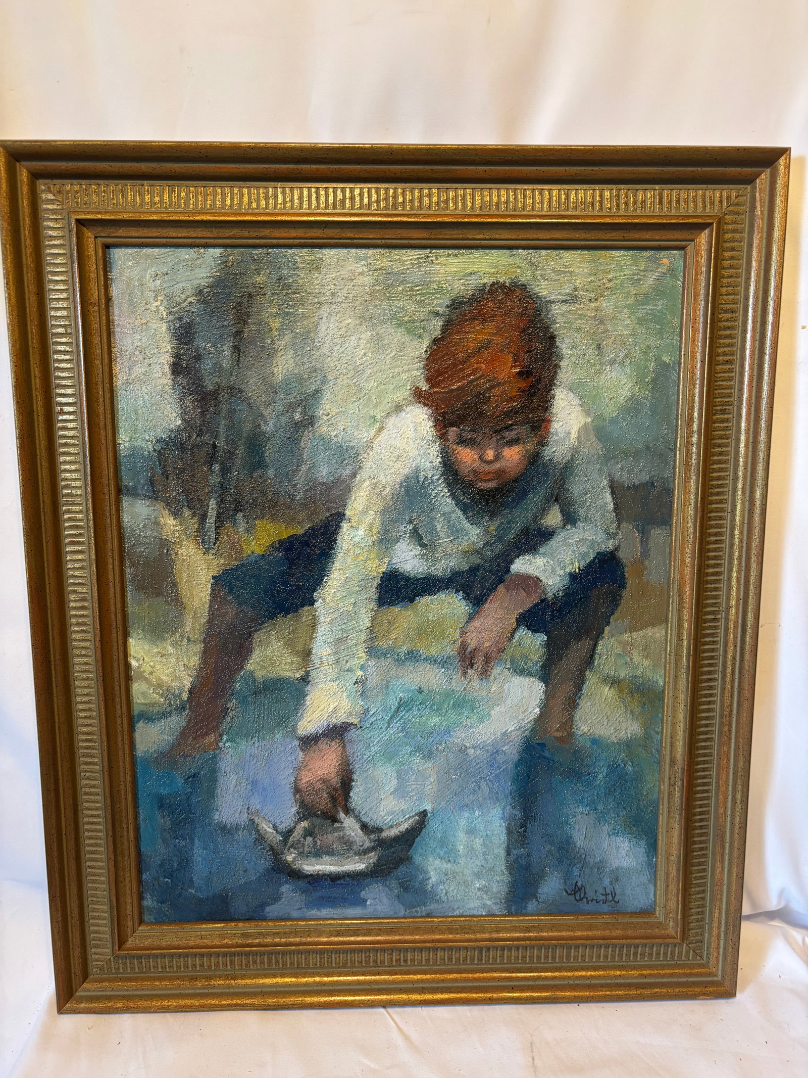 Impressionist Style Oil Painting Depicting Child with Toy Boat, Signed Lower Right (1 of 7)
