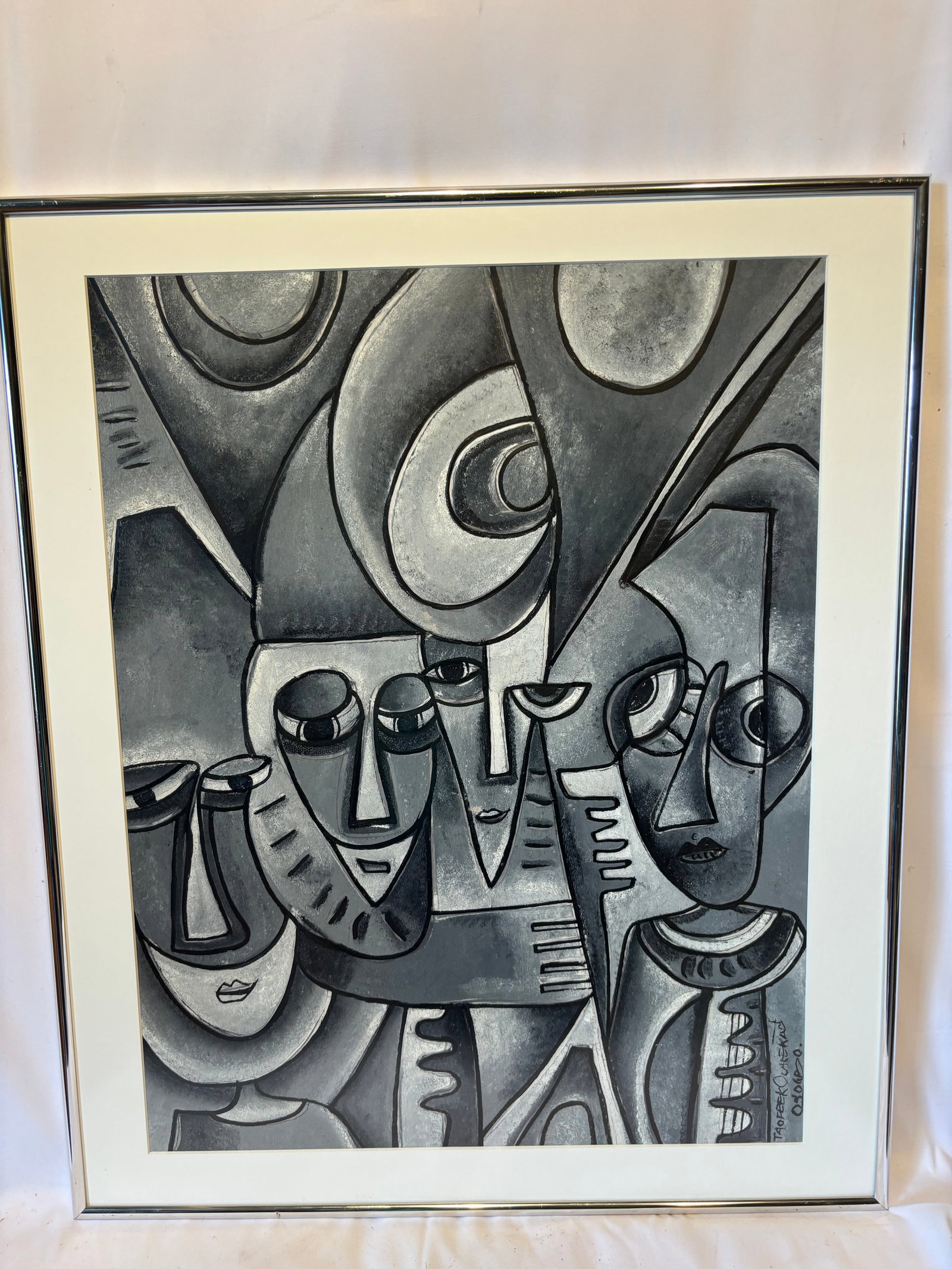 Taofeek Olalekan (Nigerian Contemporary), Cubist Figural Composition, Dated 2014: Monochrome cubist-style figural composition depicting abstracted human faces and forms. Signed lower right and inscribed verso “Taofeek Olalekan” with date “030614.” Executed in a mode