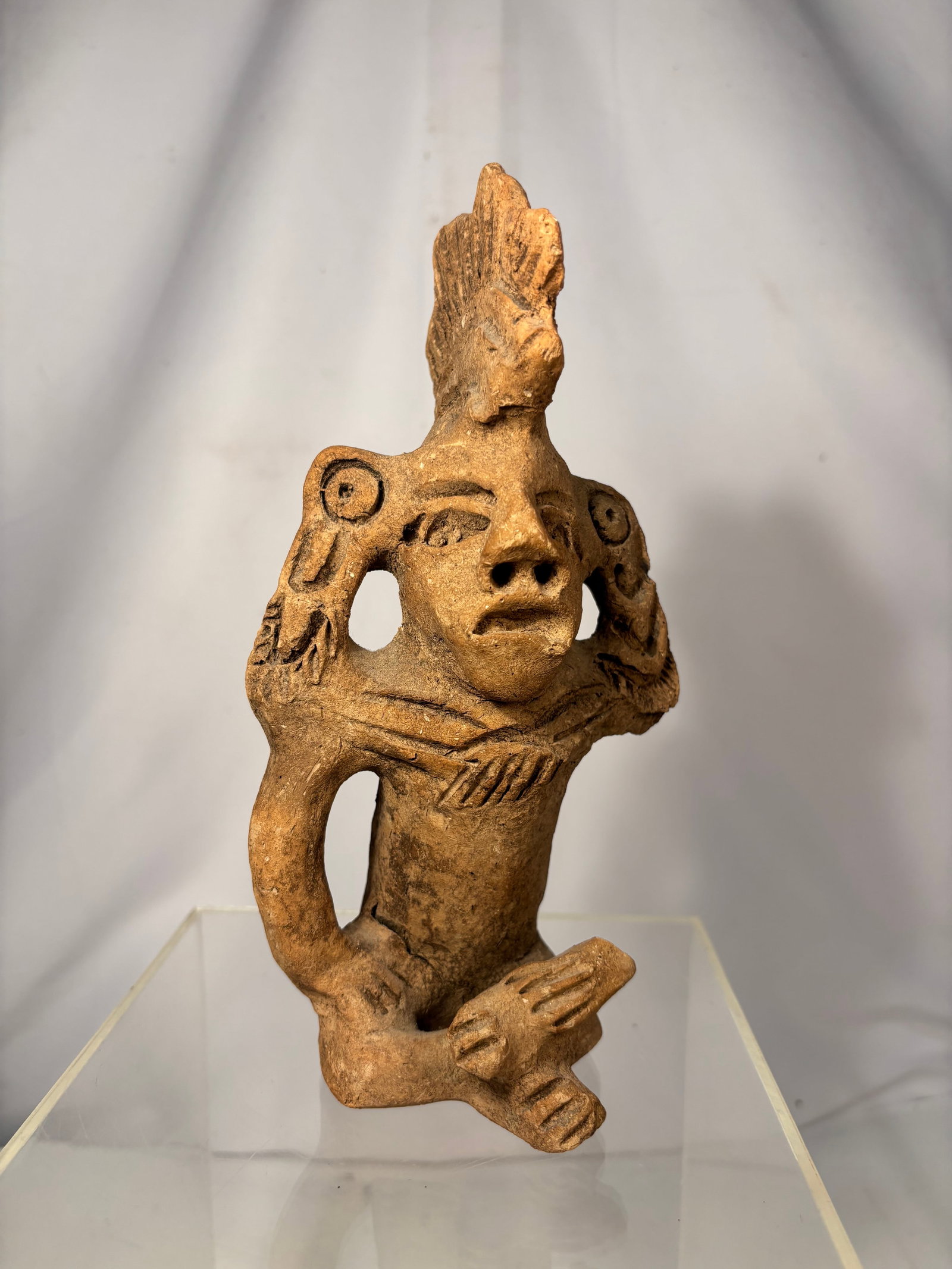 Pre-Columbian Style Terracotta Seated Shaman Figure with Avian Headdress (1 of 9)