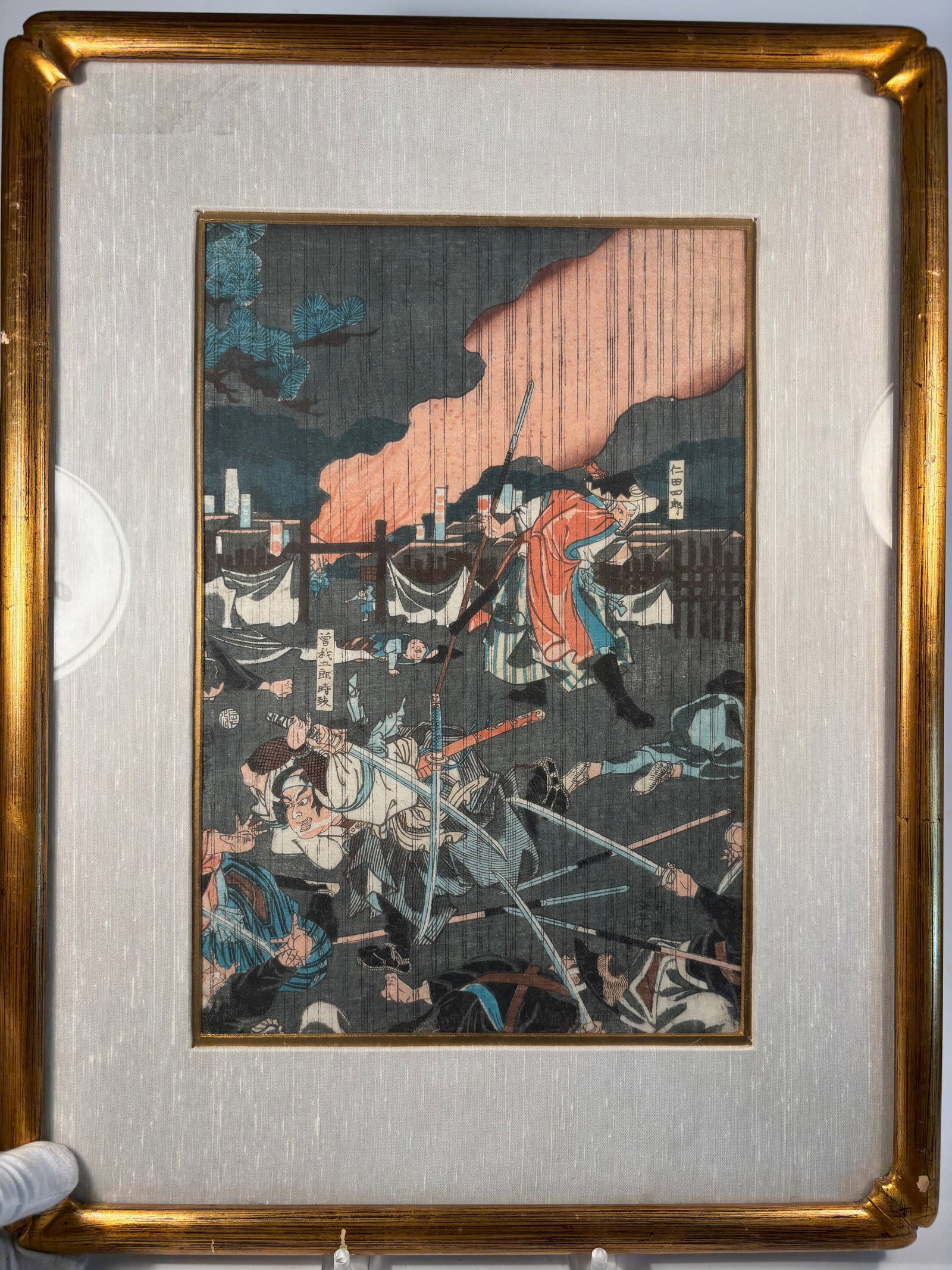 KUNITERU (ICHIVOSAI) 1848–1874, Japanese Woodblock, Samurai Battle Scene: A Japanese woodblock print by Utagawa Kuniteru (Ichiyosai, 1808–1876), depicting a dramatic samurai battle scene with dynamic movement and strong color contrasts. The composition shows warriors enga