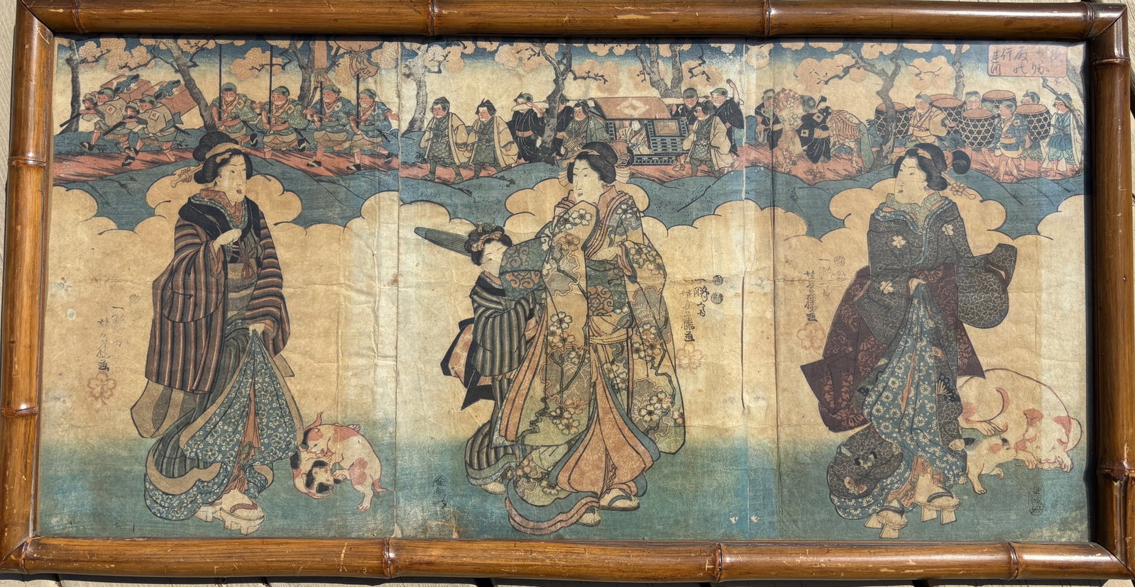 Japanese Woodblock Triptych, Disciple of Utagawa Kuniyoshi, Daimyo Procession, Edo Period: A complete Edo-period woodblock print triptych from the Kuniyoshi school (disciple of Utagawa Kuniyoshi), depicting an elegant princess procession (daimy? gy?retsu).The three joined panels show richly