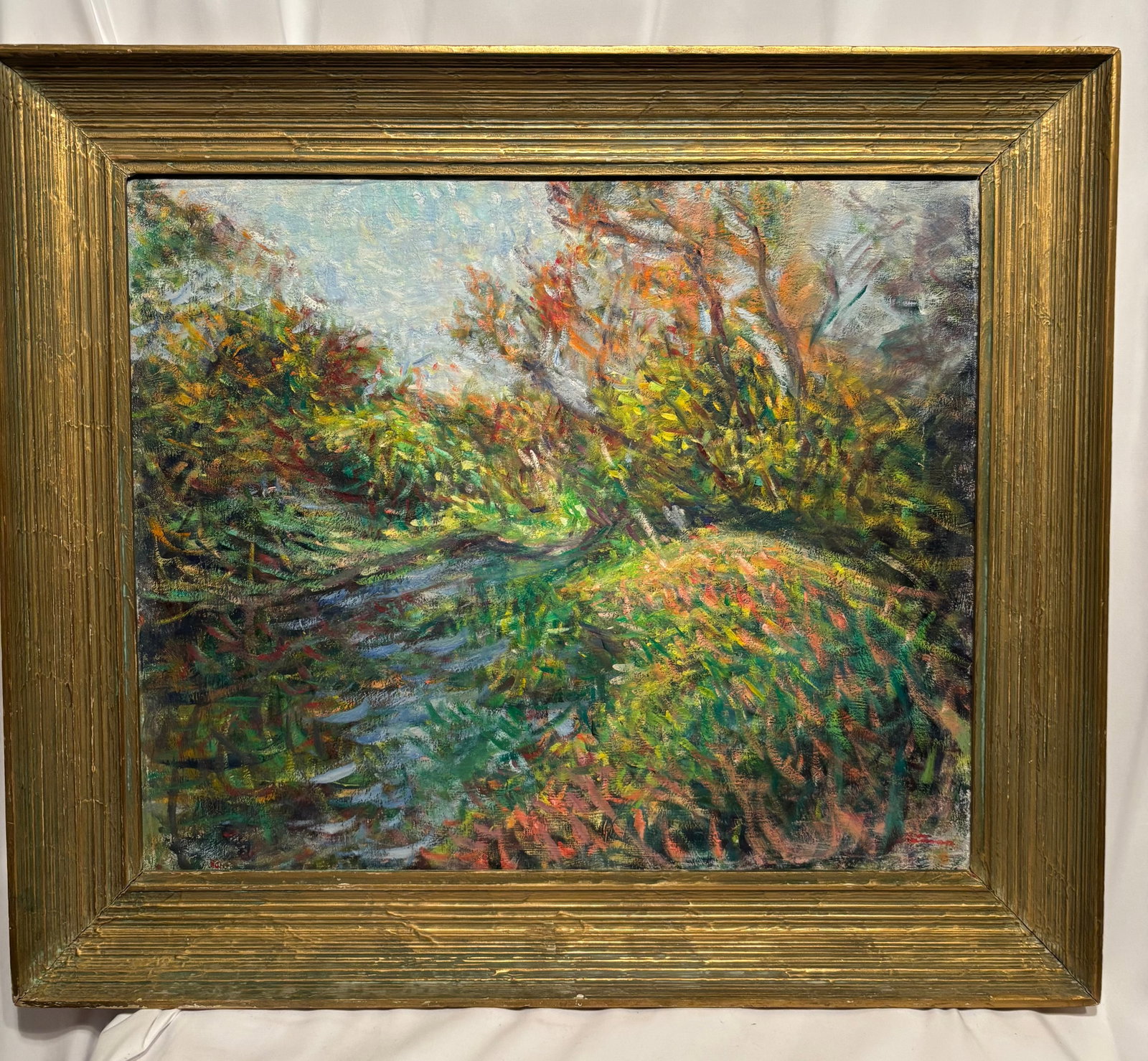Double-Sided Signed Impressionist Oil Paintings on Canvas: Original signed oil painting on canvas, painted on both sides. One side depicts a colorful woodland landscape with expressive impasto brushwork, while the reverse features a harbor or waterfront scene