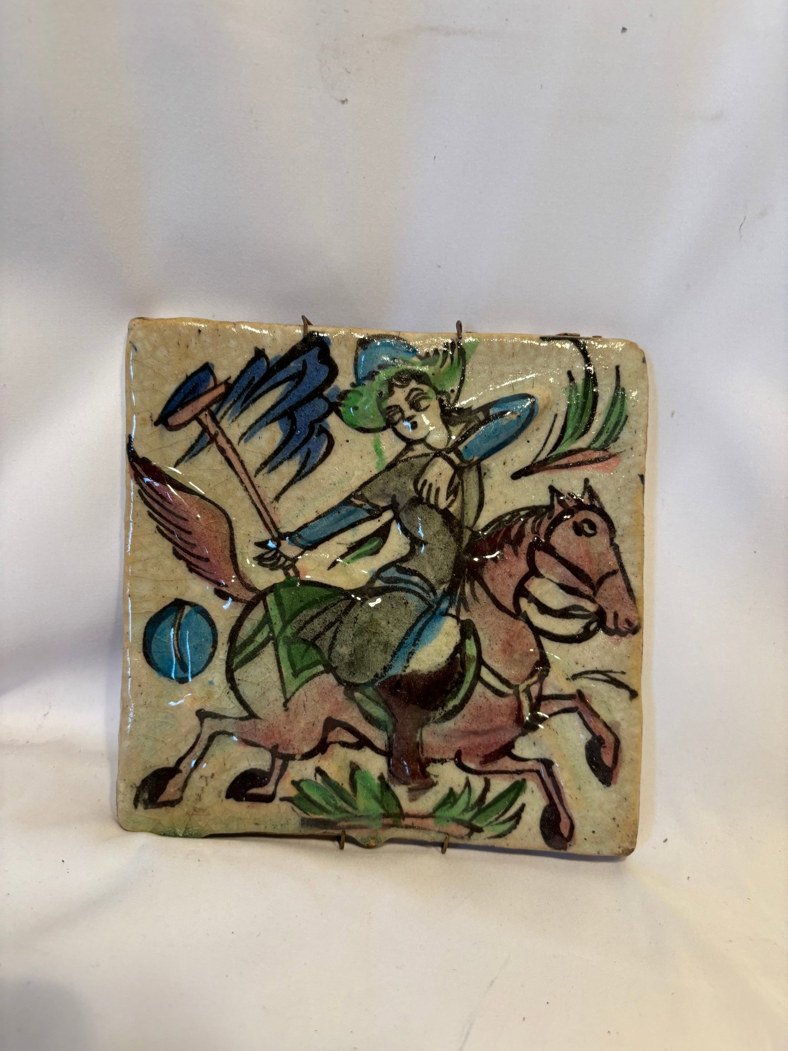 Antique Persian Qajar Style Glazed Pottery Tile with Mounted Polo Player (1 of 7)