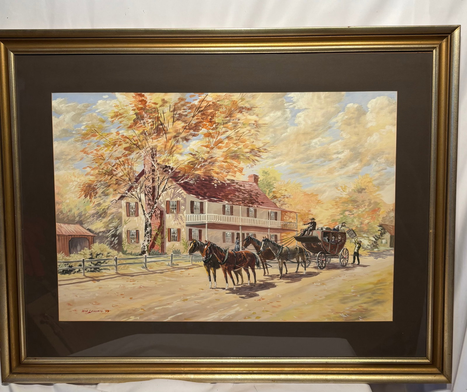 William E. Loechel (American, 1923–2011) Autumn Stagecoach Landscape, 1953: Signed lower left “Wm. Loechel” and dated 1953. Depicting a horse-drawn stagecoach arriving before a colonial-style homestead beneath colorful autumn foliage. Executed in watercolor and gouach