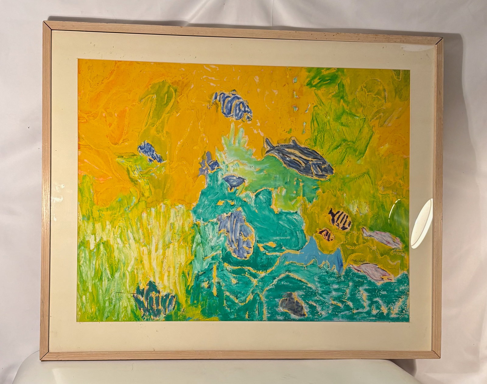 Molly J. Schiff (1927–2018, Chicago), The Reef, Oil painting, dated 1984, signed.: A vivid underwater composition featuring tropical fish swimming amid abstract coral-like forms, rendered in Schiff’s signature bold yellows, greens, and blues. The energetic brushwork and layered co