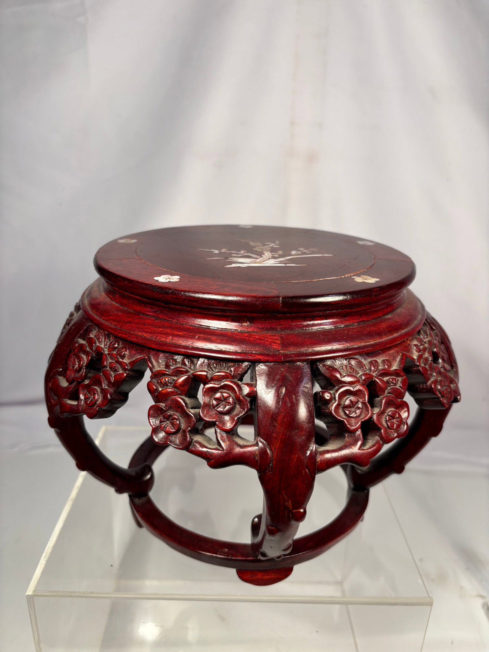 Chinese Carved Hardwood Round Display Stand with Mother-of-Pearl Inlay (1 of 8)