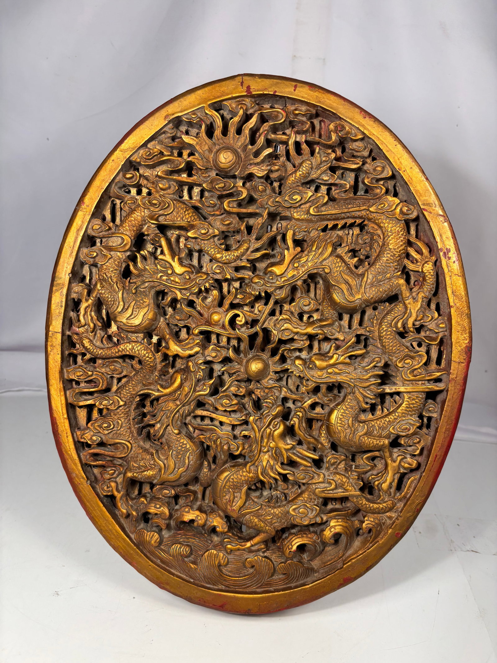Chinese Carved and Gilt Openwork Circular Dragon Plaque, 19th century (1 of 4)