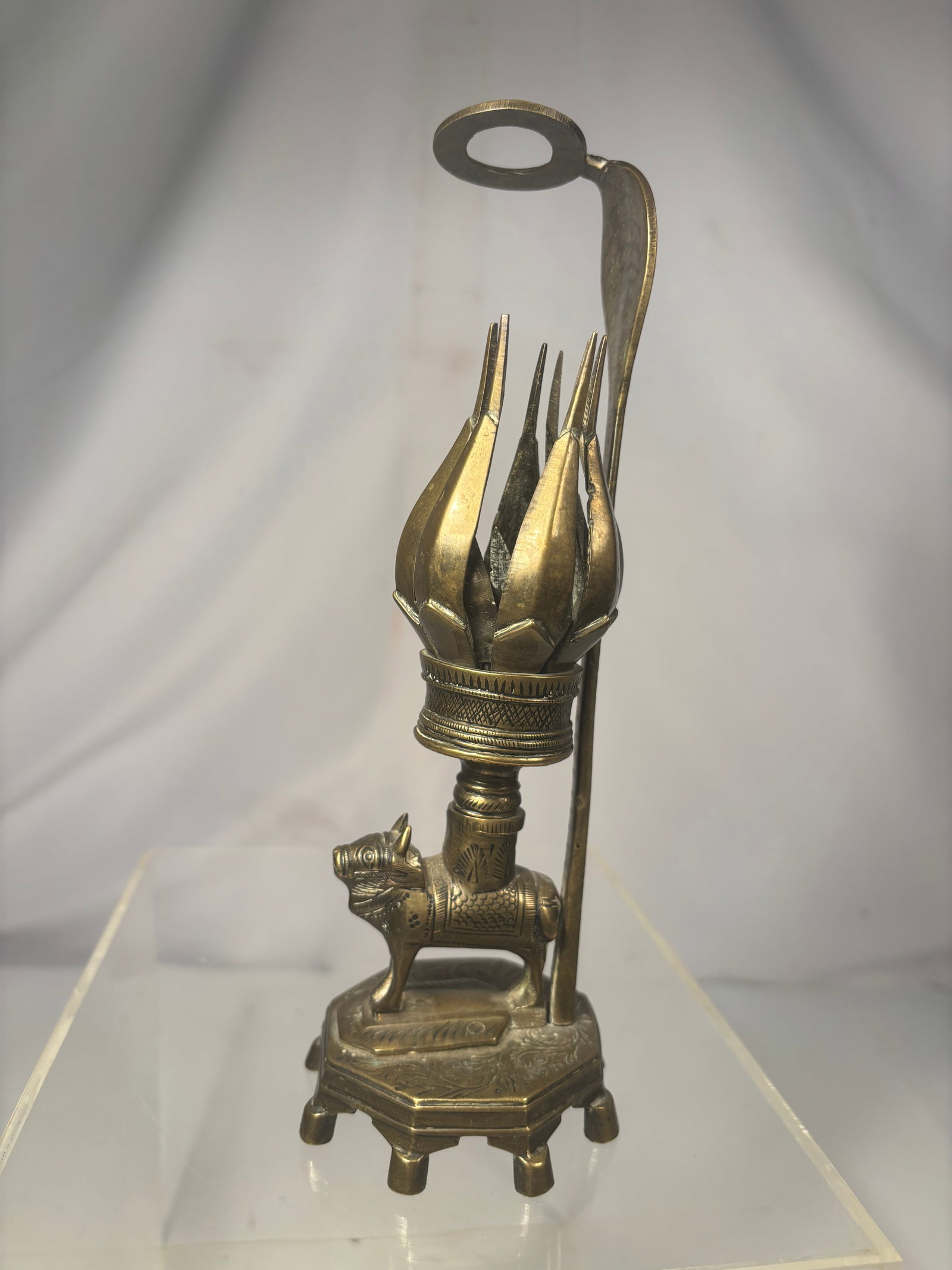 Antique Indian Brass Temple Oil Lamp with Zoomorphic Animal Base and Lotus-Bud Form Late 19th (1 of 9)