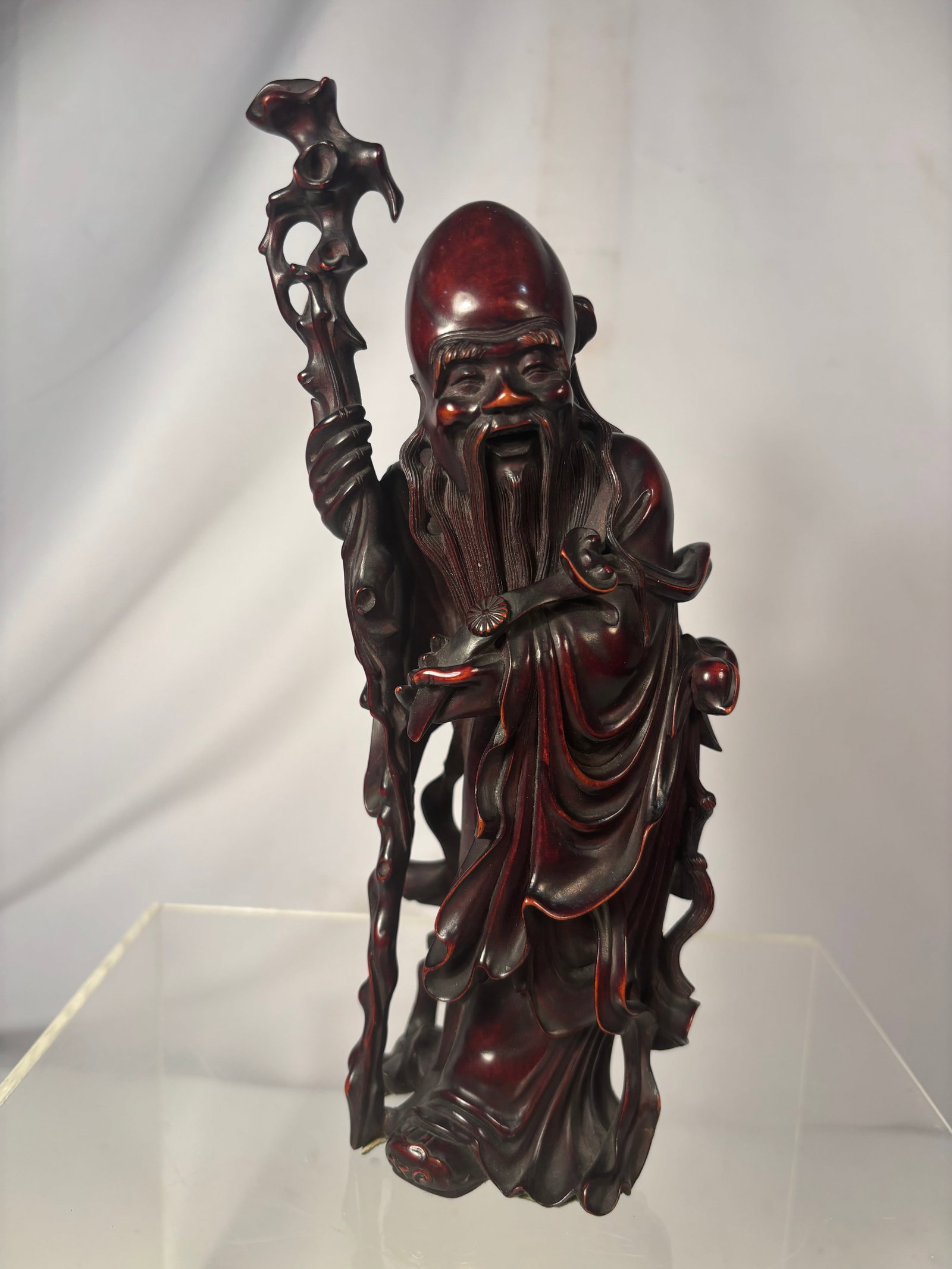 Chinese Carved Hardwood Figure of Shoulao, God of Longevity, Holding Staff and Peach (1 of 13)
