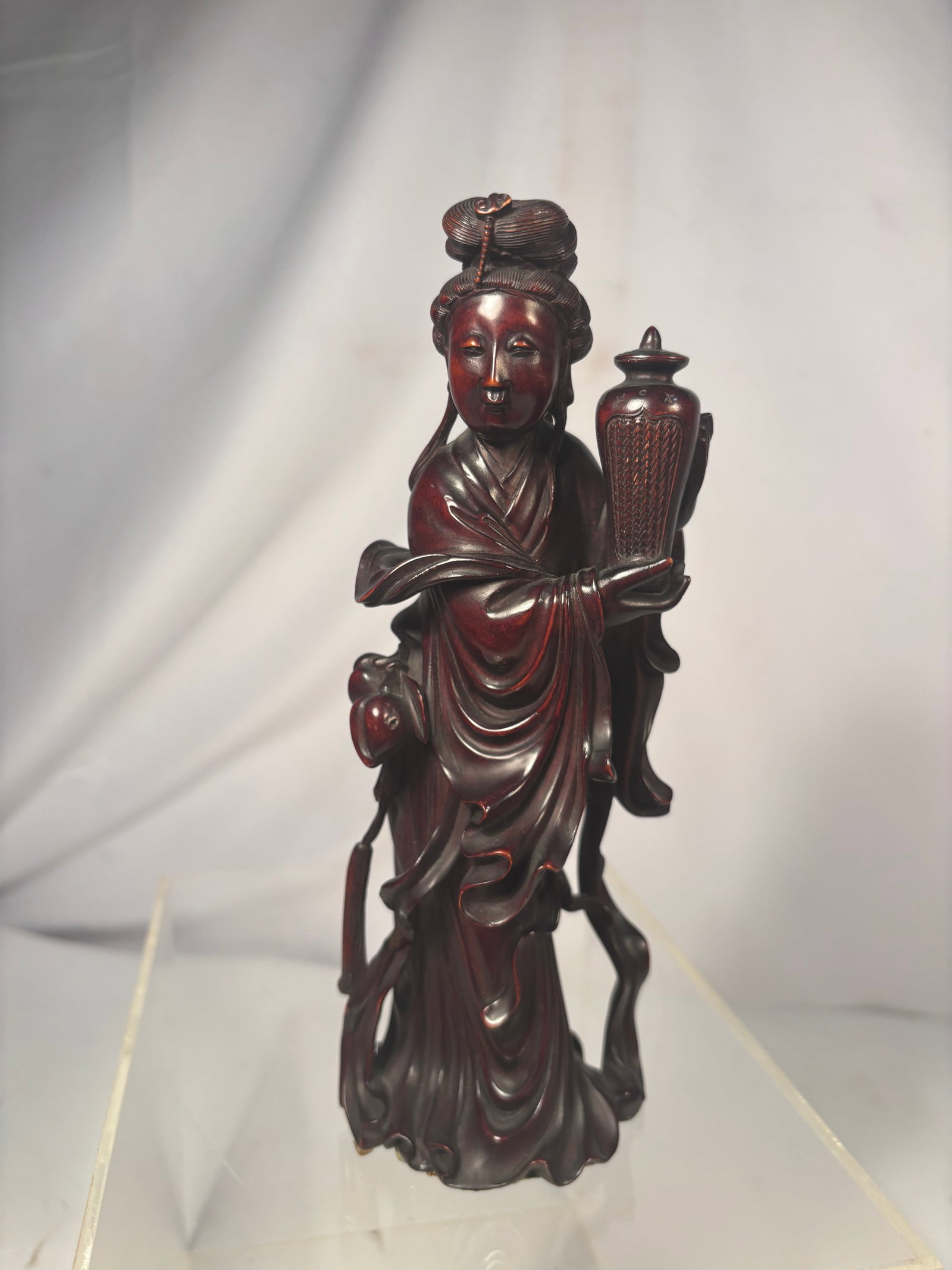 Chinese Carved Hardwood Figure of Magu, Goddess of Longevity, Holding Covered Vessel (1 of 12)