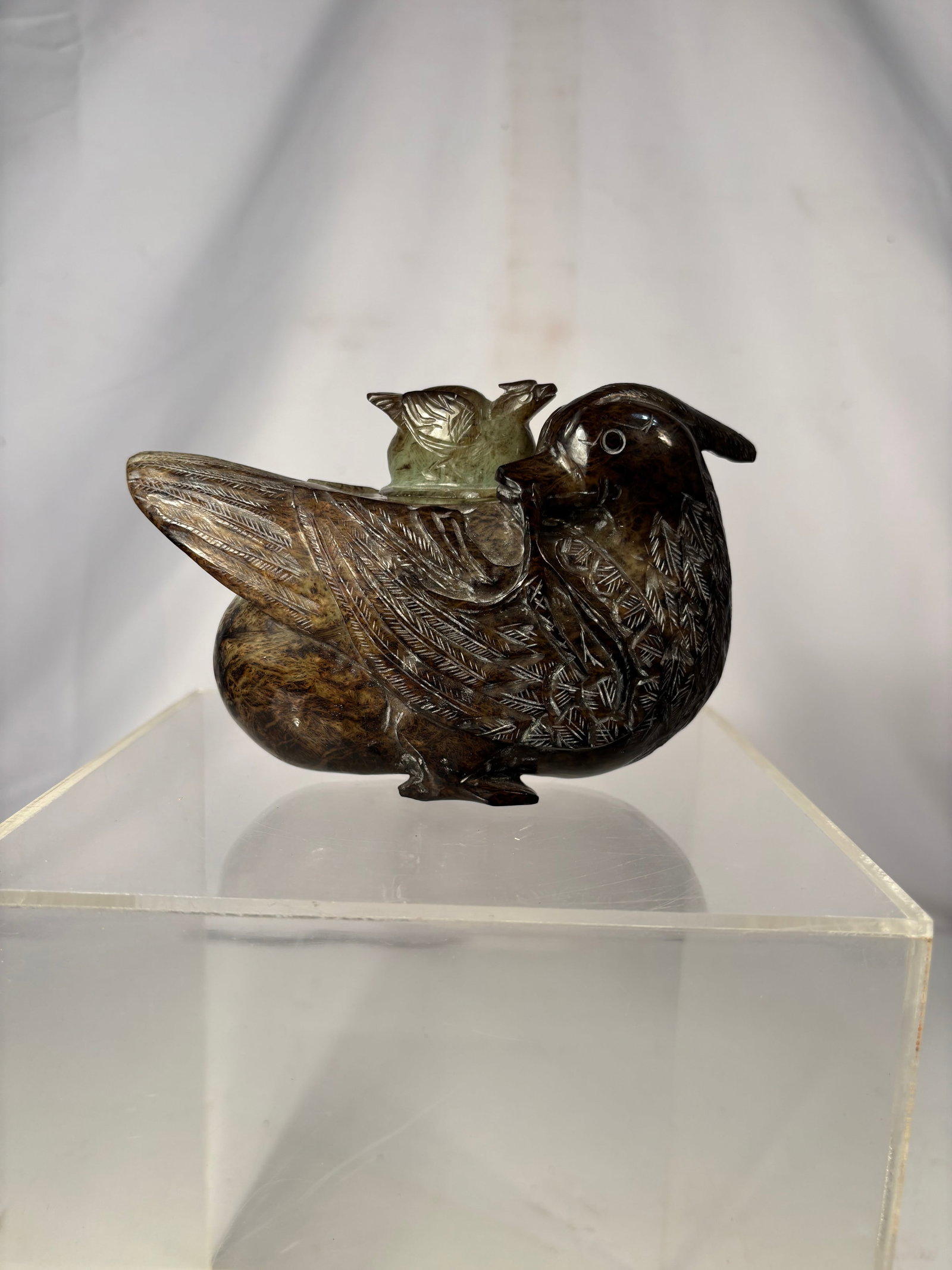 Chinese Carved Green Jade Mandarin Duck-Form Covered Vessel (1 of 10)