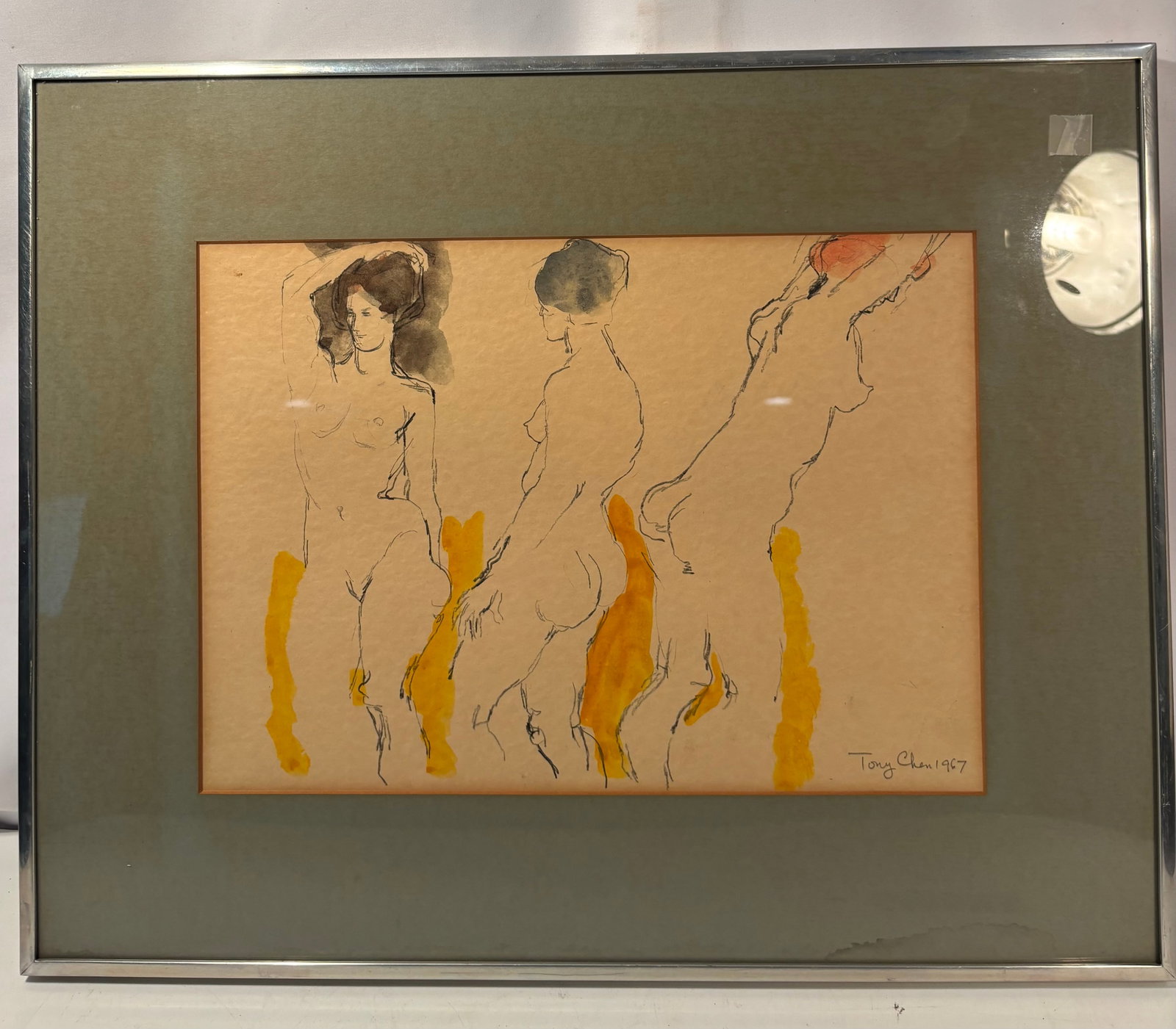 TONY CHEN (American, 1929–), Abstract Nudes, 1967: This 1967 mixed-media drawing by American artist and illustrator Tony Chen depicts a fluid, expressive study of three stylized female nude figures rendered in fine black ink contours and selective wat