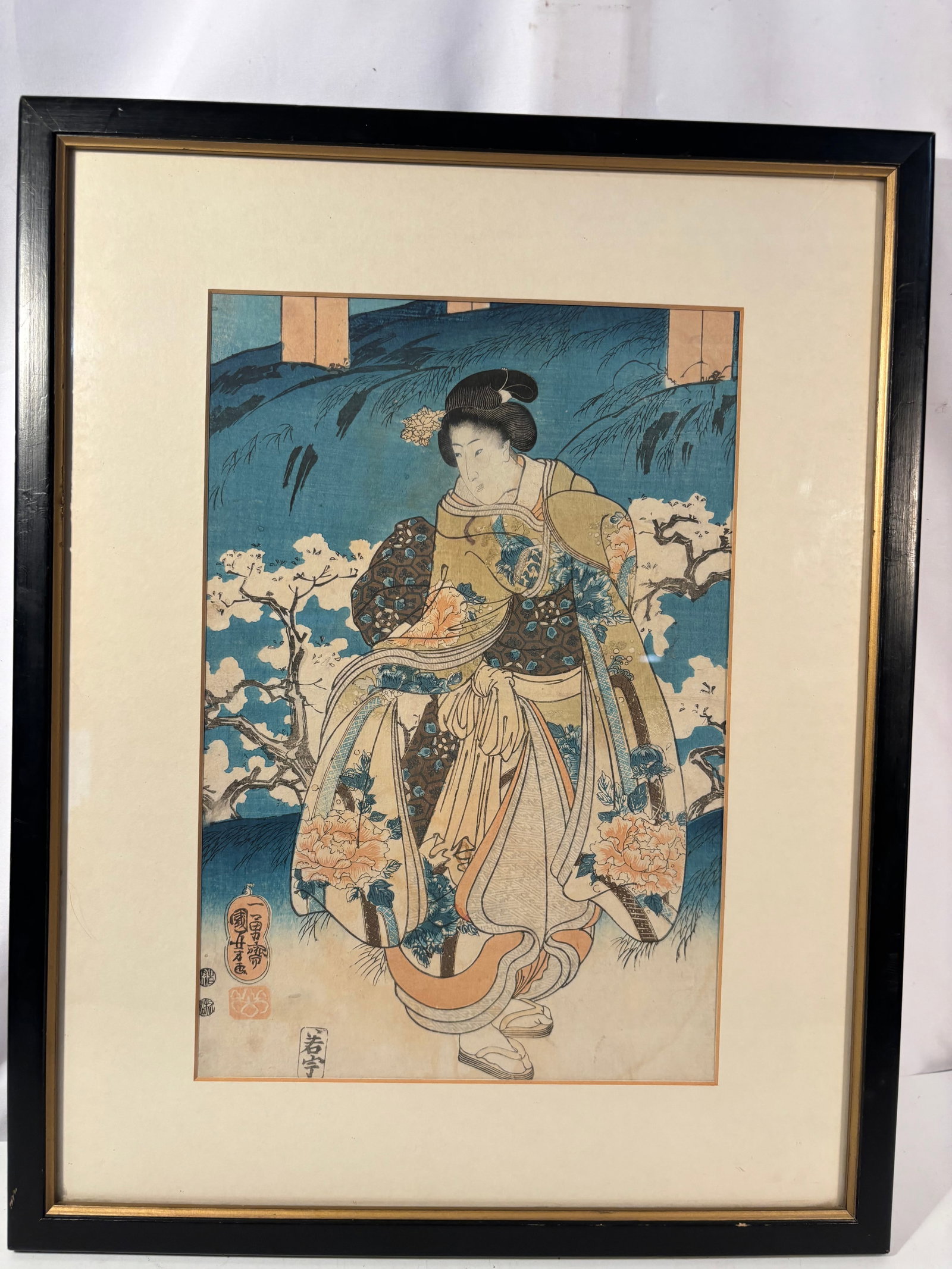UTAGAWA KUNIYOSHI (Japanese, 1798–1861), A Bijin (Beauty) with Peony Kimono under Cherry Blossoms, (1 of 6)