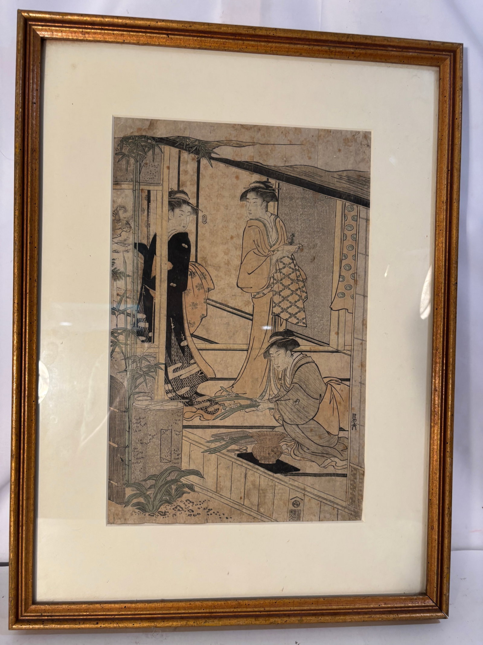 CHOBUNSAI EISHI (Japanese, 1756–1829), Beauties Arranging Irises in an Interior, Kansei Era (c.: This exceptional late eighteenth-century Japanese ukiyo-e woodblock print by the celebrated patrician-class master Ch?bunsai Eishi (1756–1829) epitomizes the elegant, elongated aesthetic of the Kans