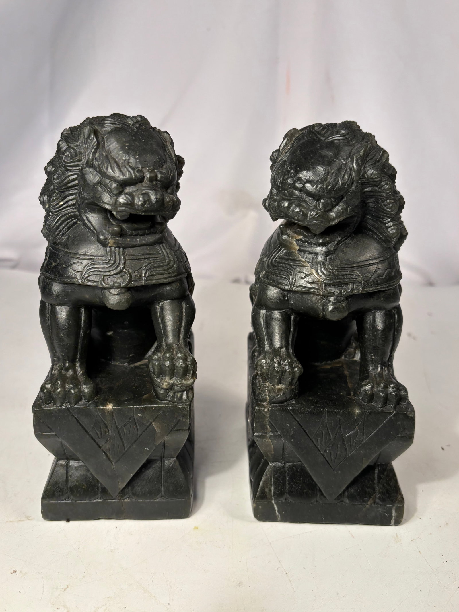 Pair of Carved Dark Green Stone Chinese Guardian Lions (1 of 9)