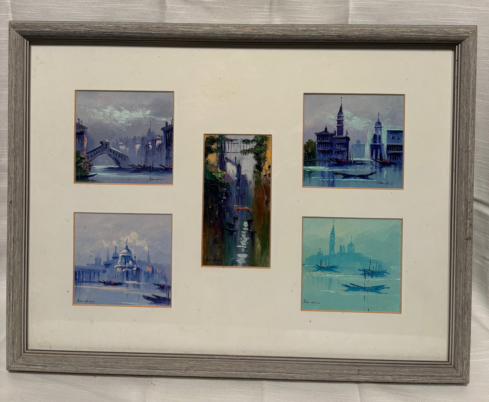 Set of 5 Impressionist Style Venetian Canal Paintings, Signed ,Framed: A set of five modern paintings depicting Venetian canal scenes, including architectural views, bridges, and gondolas rendered in a loose impressionist style. The compositions feature bold, expressive