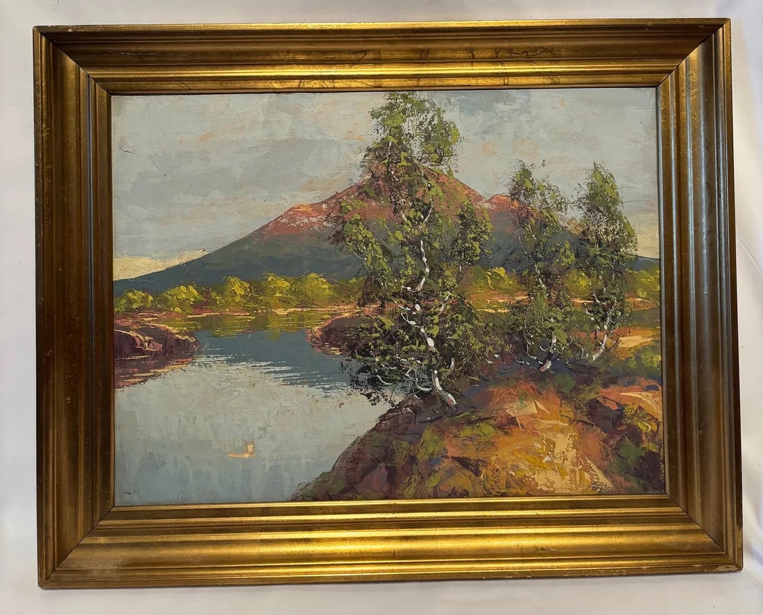 Mid-Century Landscape Oil Painting with Mountain Lake and Birch Trees: Oil on canvas depicting a tranquil mountain lake landscape with birch trees in the foreground and snow-capped peaks in the distance. Executed in a bold palette knife technique with textured brushwork 