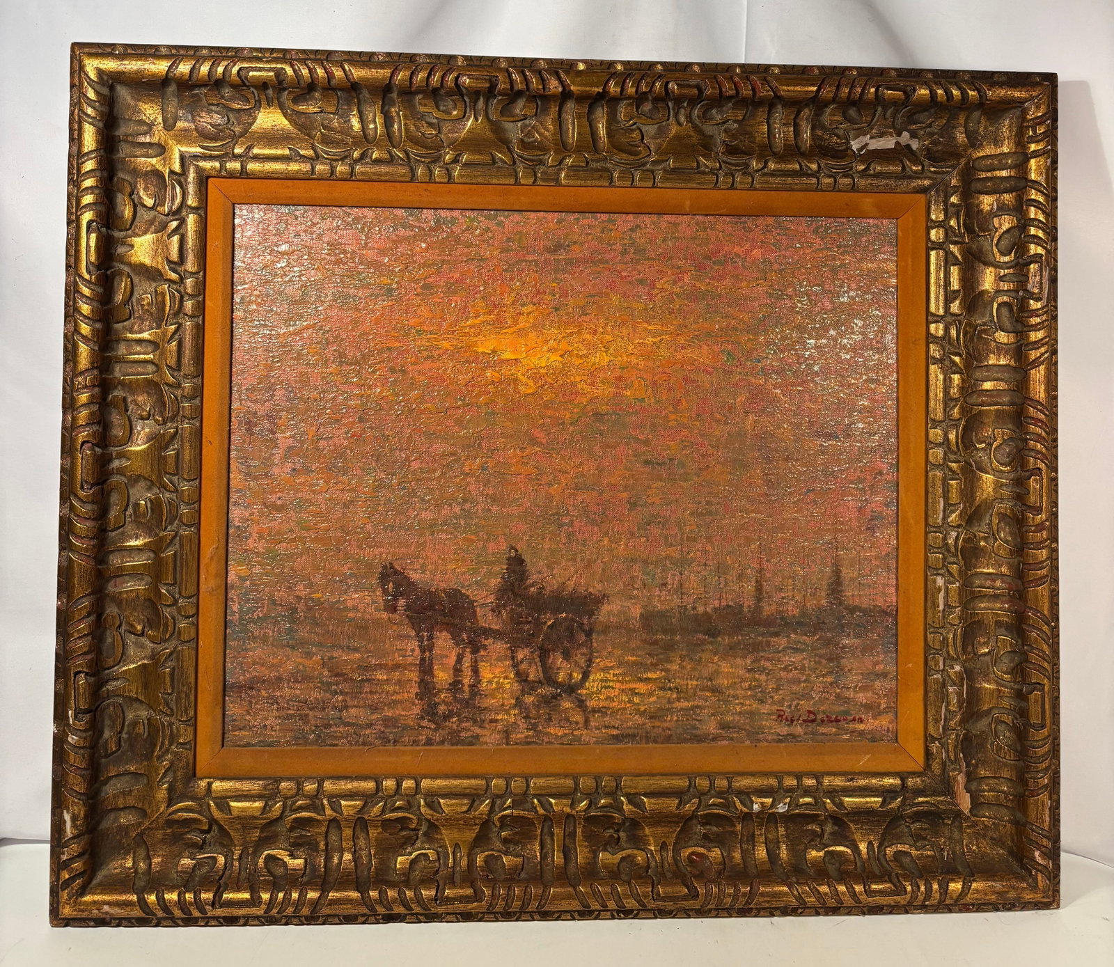 Roelof Dozeman (Dutch, 1924–1996) Signed Impressionist Oil on Canvas, Horse-Drawn Cart at Sunset: It is Signed lower right “R. Dozeman,” this original oil on canvas depicts a horse-drawn cart at sunset with a distant town skyline reflected in shimmering water. Executed in an impressionist 