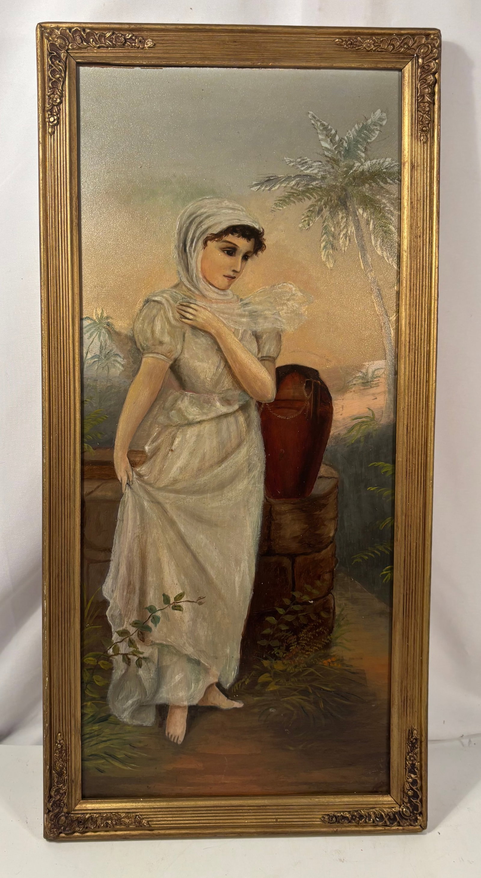 Vintage Orientalist Oil Painting of a Veiled Woman Beside a Water Jar (1 of 7)