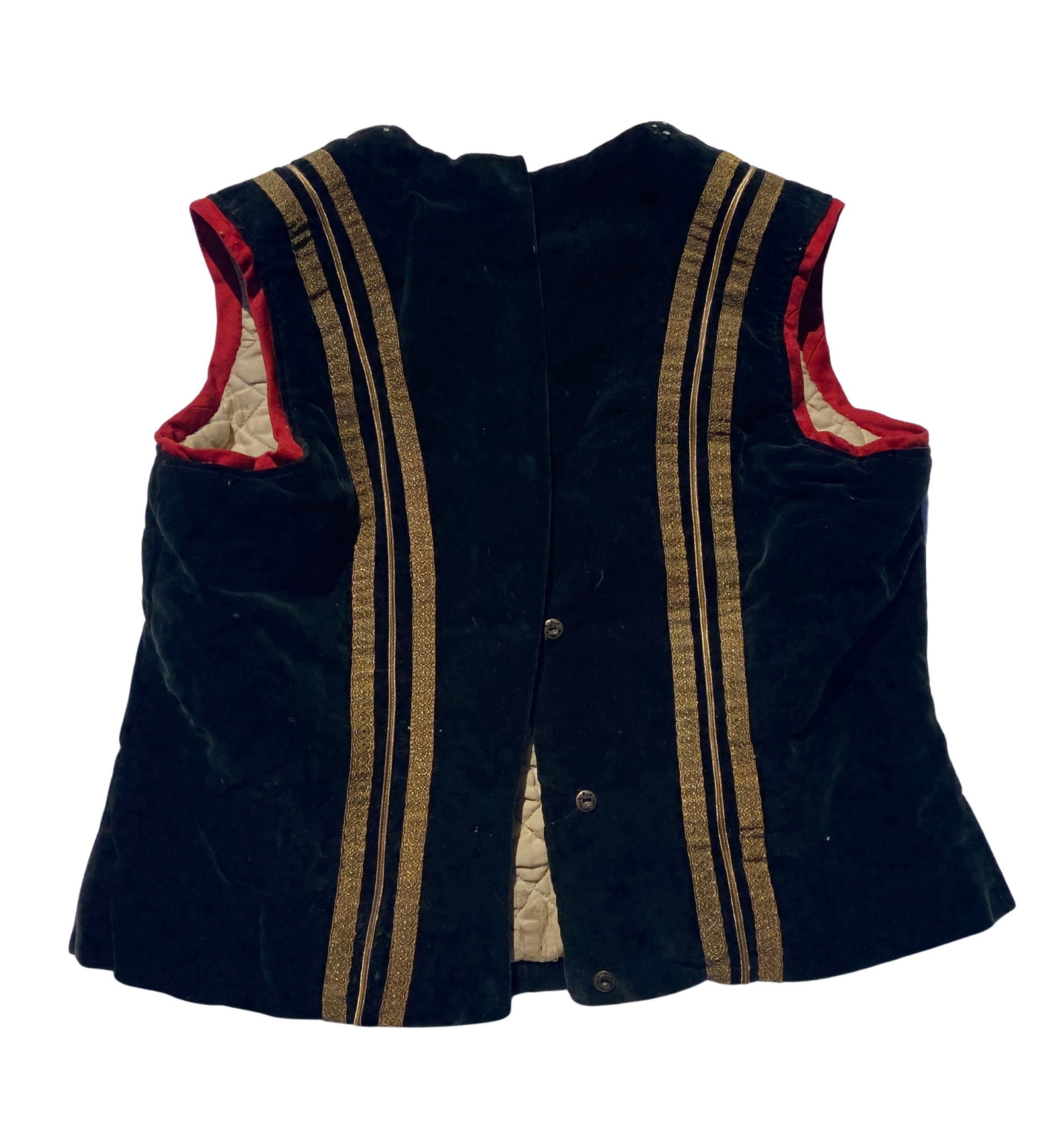 Exceptional Ottoman Ceremonial Velvet Waistcoat with Gilt Trim and Embroidered Star Medallion, c.: Antique Ottoman ceremonial waistcoat crafted from deep green velvet and richly embellished with gilt metallic trim. The front is centered with an embroidered eight-point star medallion, a motif associ