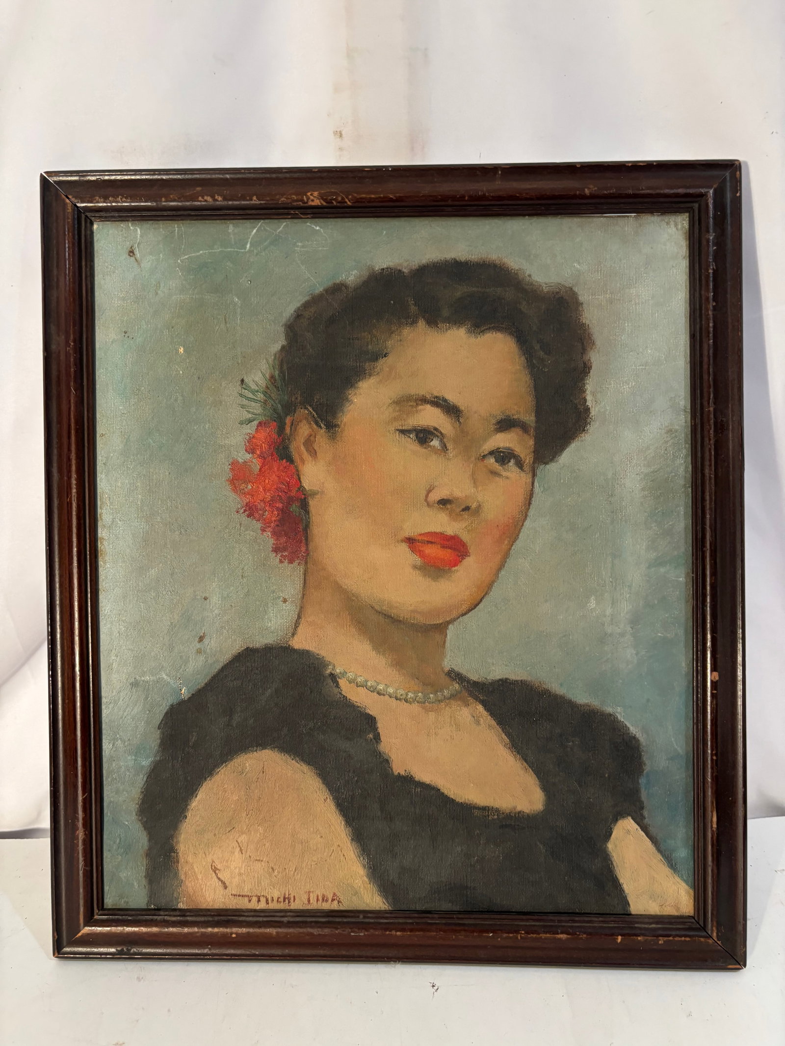 Mid-Century Modern Portrait of an Asian Woman – Original Oil on Canvas, Signed "Michi Tira" (1 of 5)