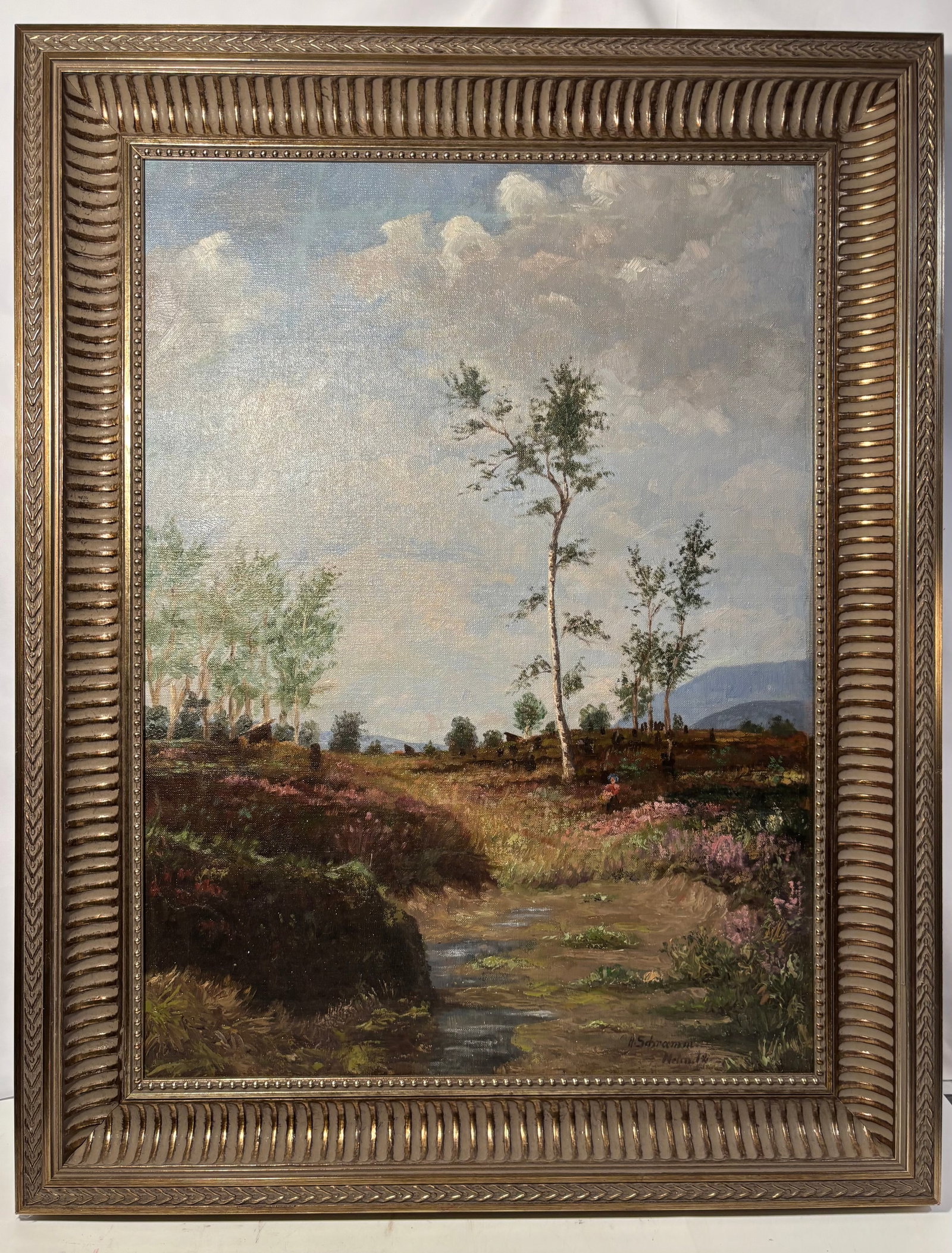 H. Schramm (Swedish School, Early 20th Century) "Pastoral Landscape near Malmö", 1912**: An evocative early 20th-century Scandinavian open-air landscape oil painting on canvas by regional artist H. Schramm, capturing a sweeping, tranquil view of a heather field and low-lying marshlands ne